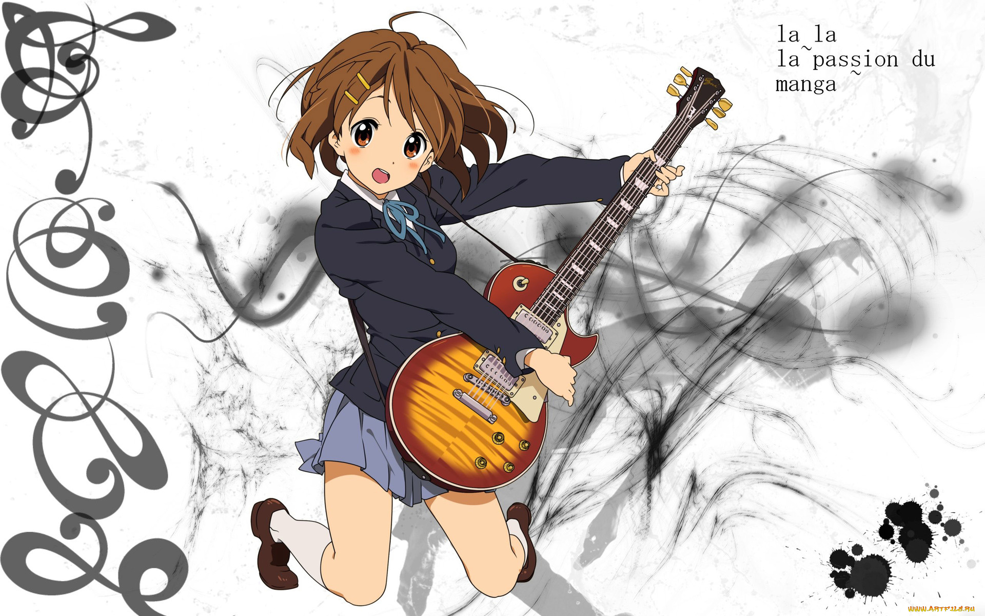 аниме, k-on, девушка, гитара, фон, взгляд