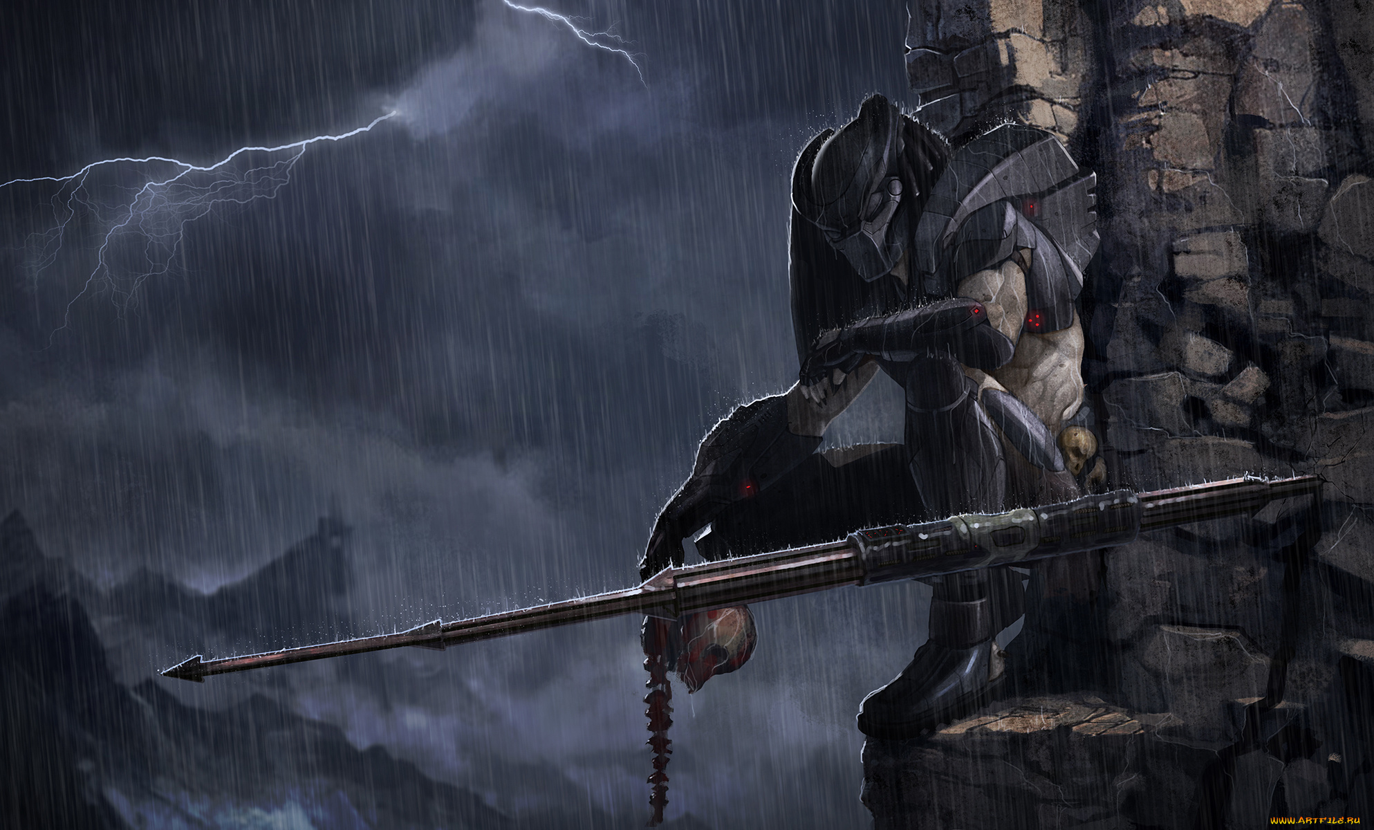 фэнтези, существа, хищник, predator, оружие, ливень, молнии, скала, существо