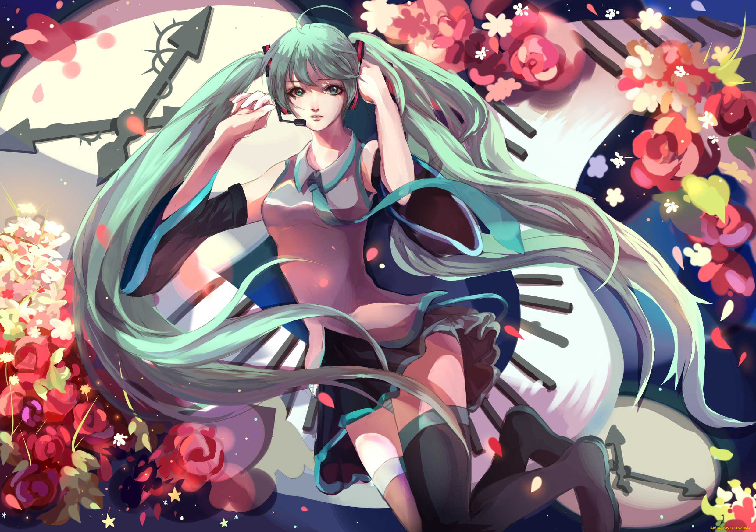 аниме, vocaloid, hatsune, miku, tagme, artist, арт, часы, цветы, девушка, волосы, взгляд