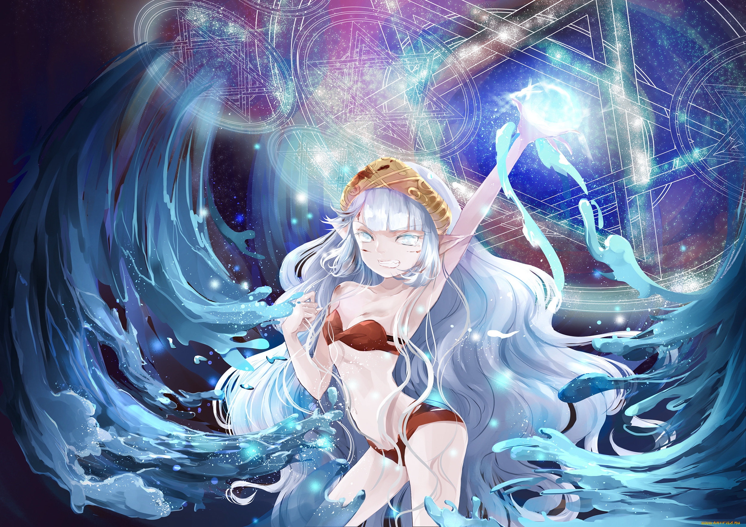 аниме, pixiv, fantasia, pixiv, fantasia, yotsuba, vidaliu00, арт, пентаграммы, девушка, эльф, вода, магия