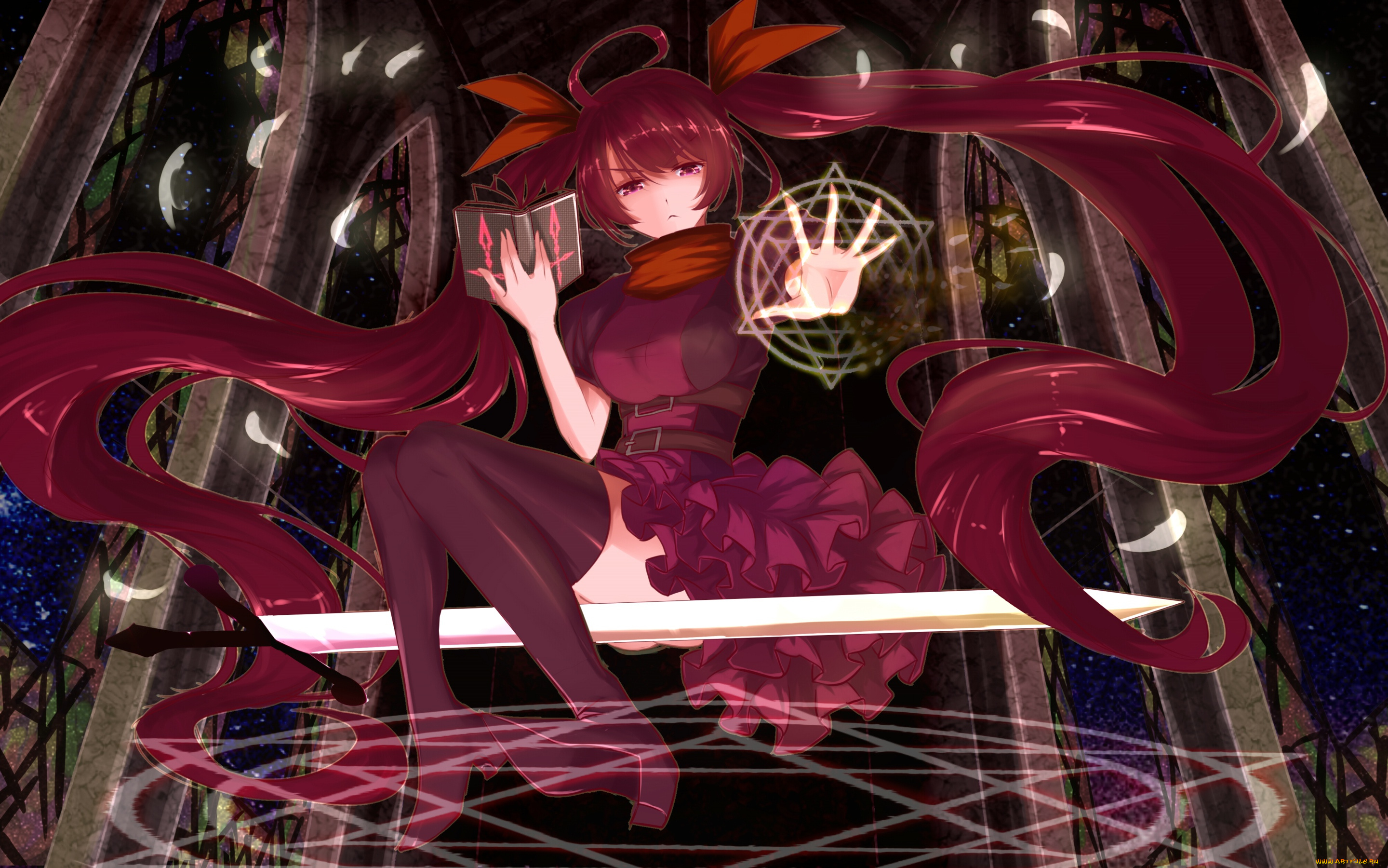 аниме, pixiv, fantasia, pixiv, fantasia, bakanoe, арт, девушка, пентаграмма, меч, книга, магия, взгляд