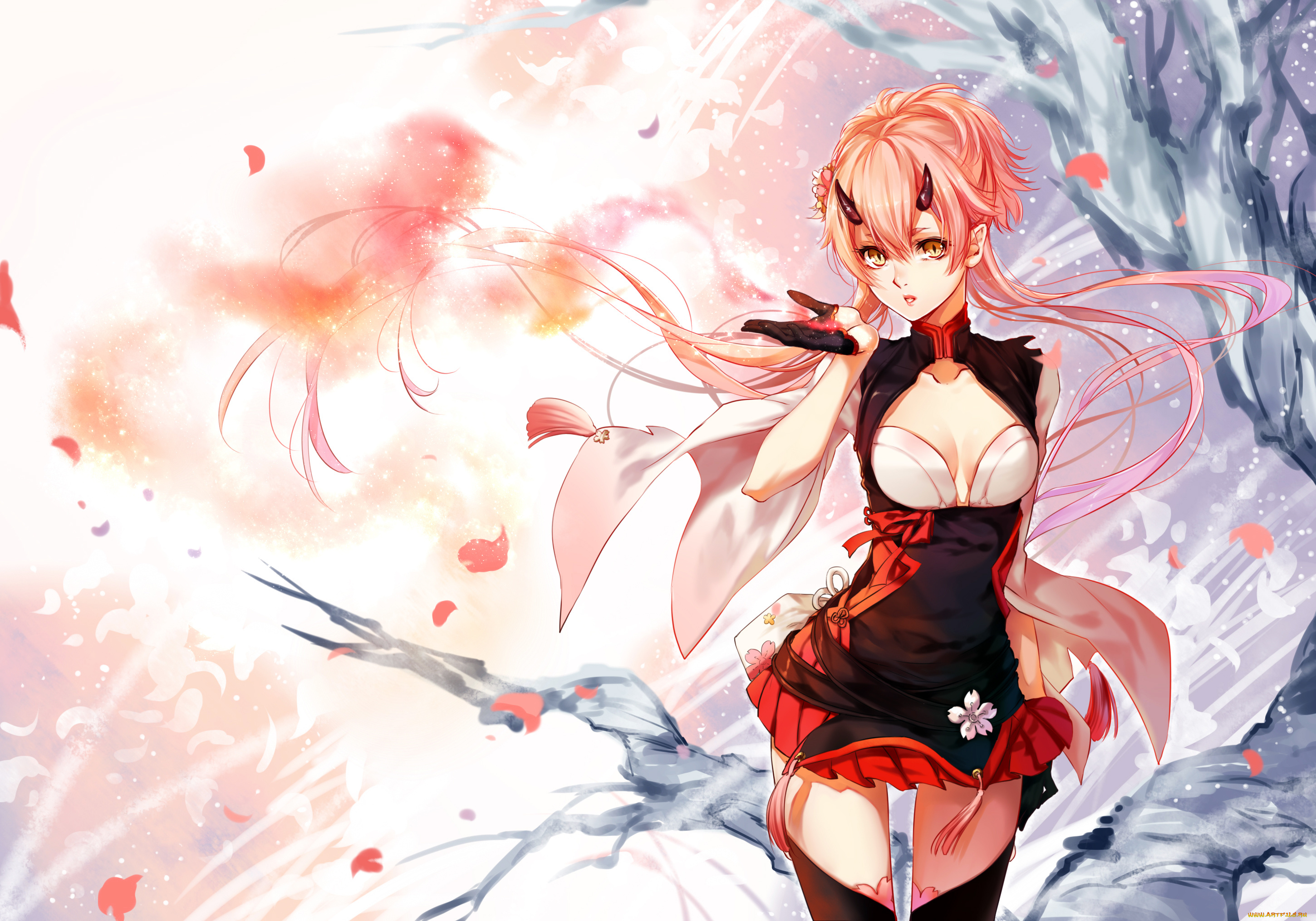 аниме, pixiv, fantasia, pixiv, fantasia, kingchenxi, арт, девушка, лепестки, рожки