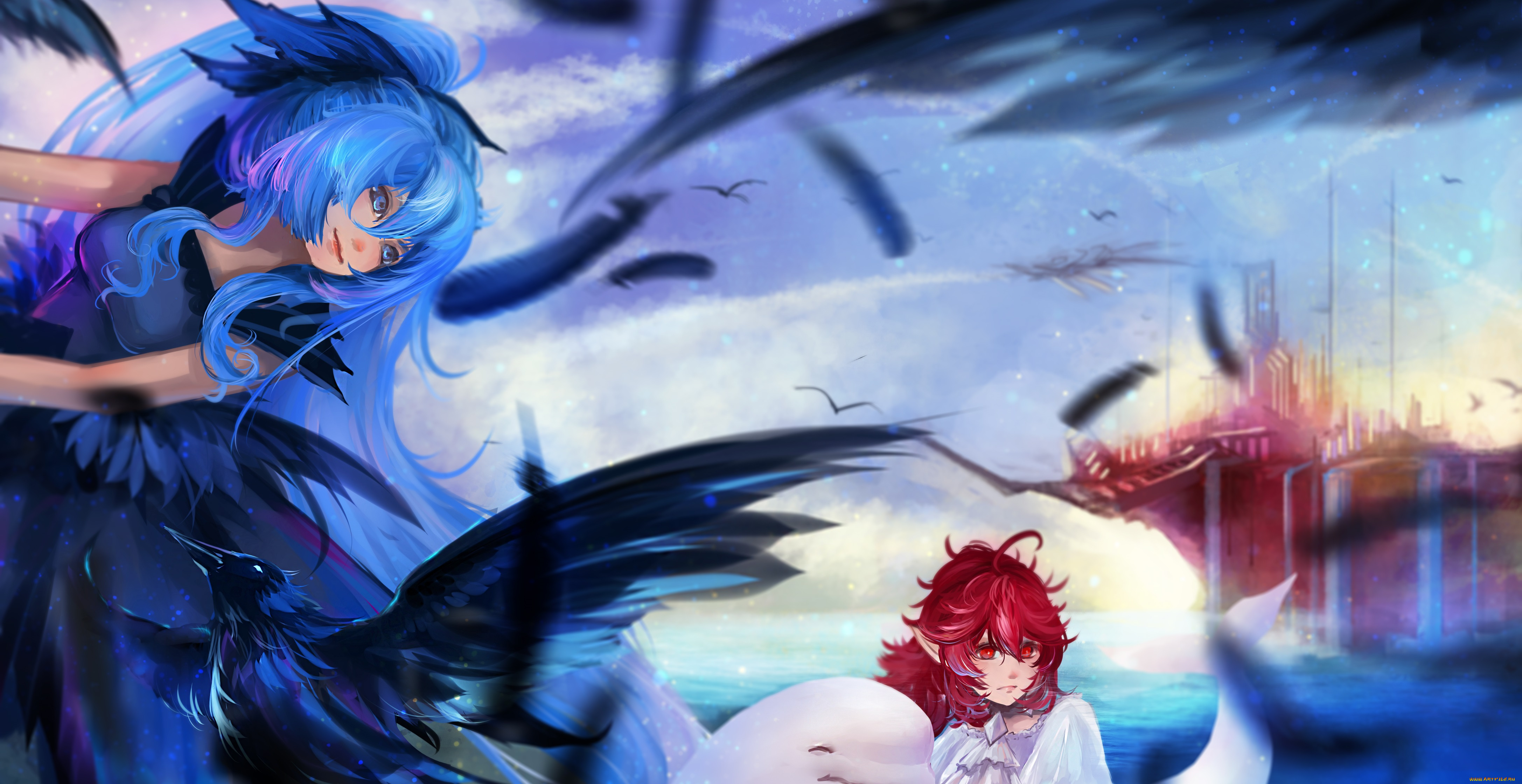 аниме, pixiv, fantasia, вороны, корабль, птицы, девушки, море, небо, арт, reiami, pixiv, fantasia