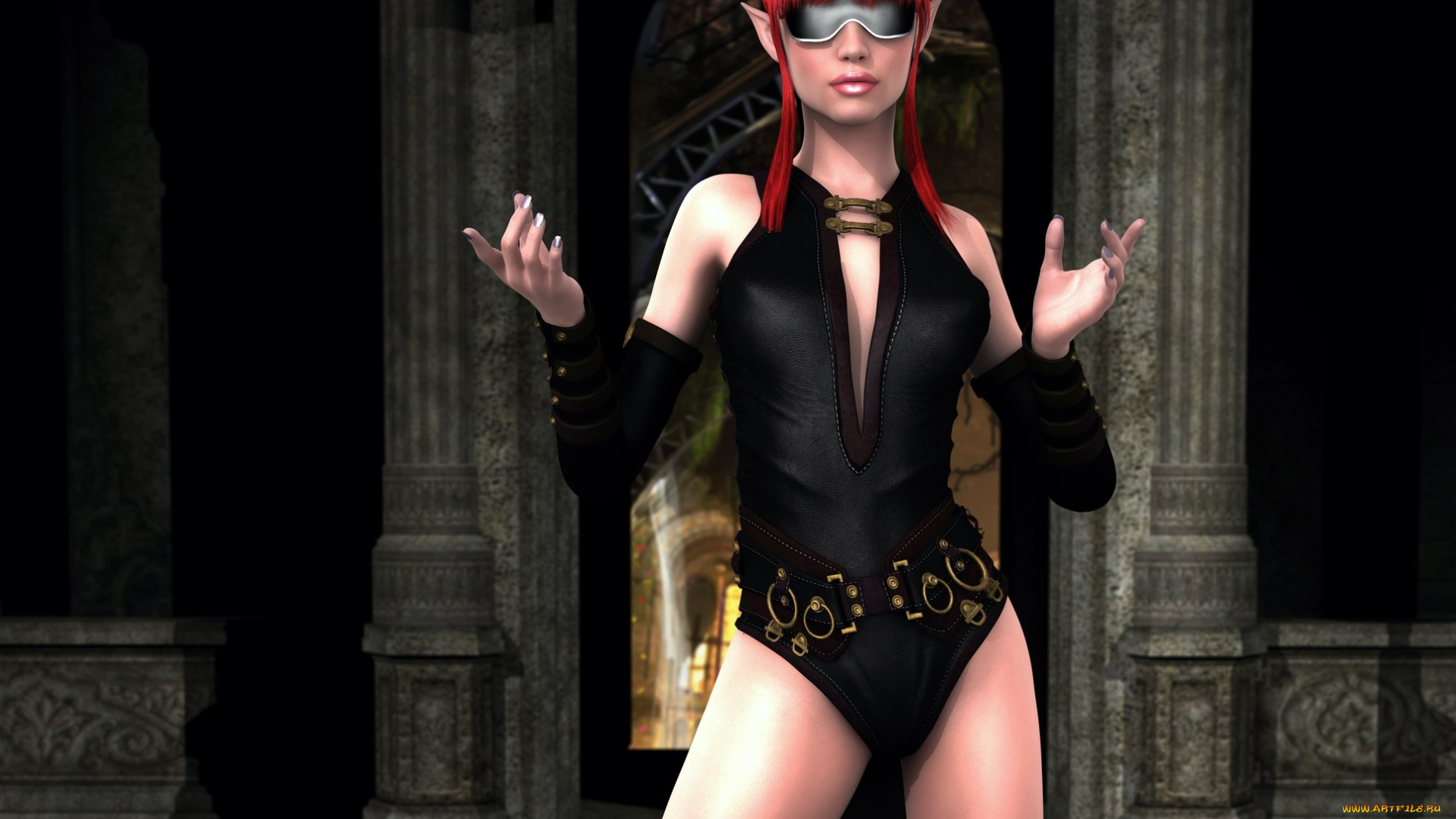 3д, графика, эльфы, , elves, рыжая, фон, эльфийка, взгляд