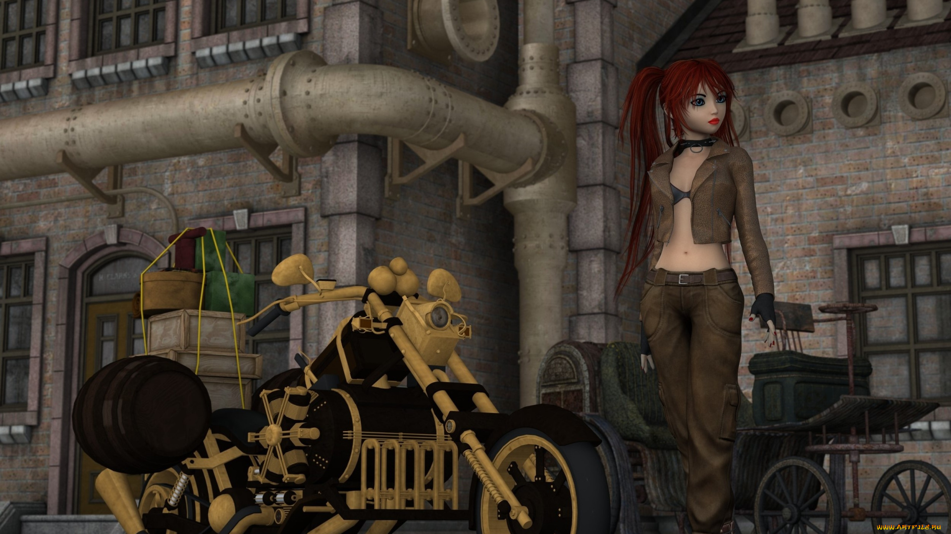 3д, графика, фантазия, , fantasy, фон, взгляд, девушка, мотоцикл