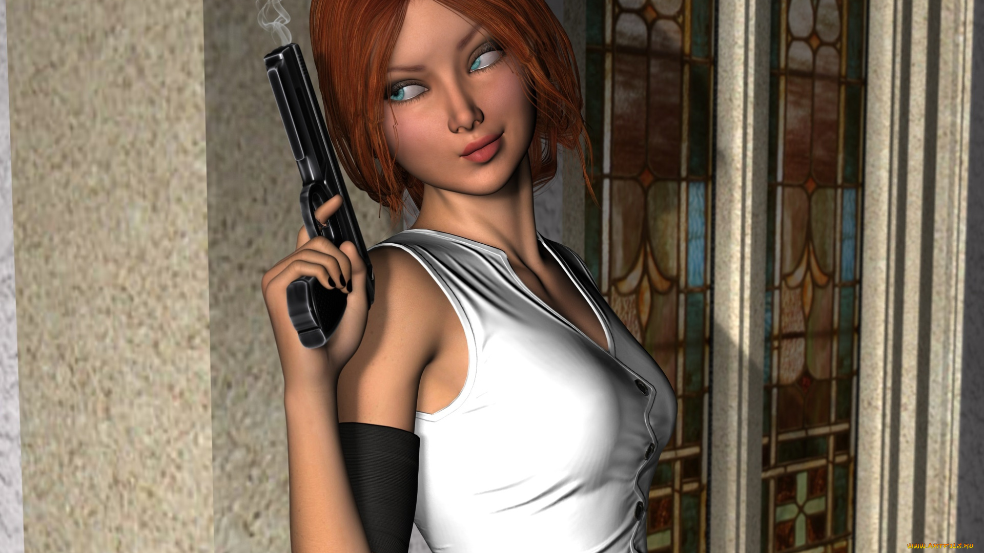 3д, графика, люди, , people, девушка, оружие, фон, взгляд