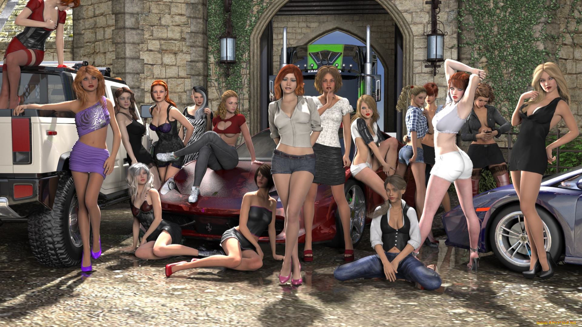 3д, графика, люди-авто, мото, , people-, car, , , moto, автомобили, фон, взгляд, девушки