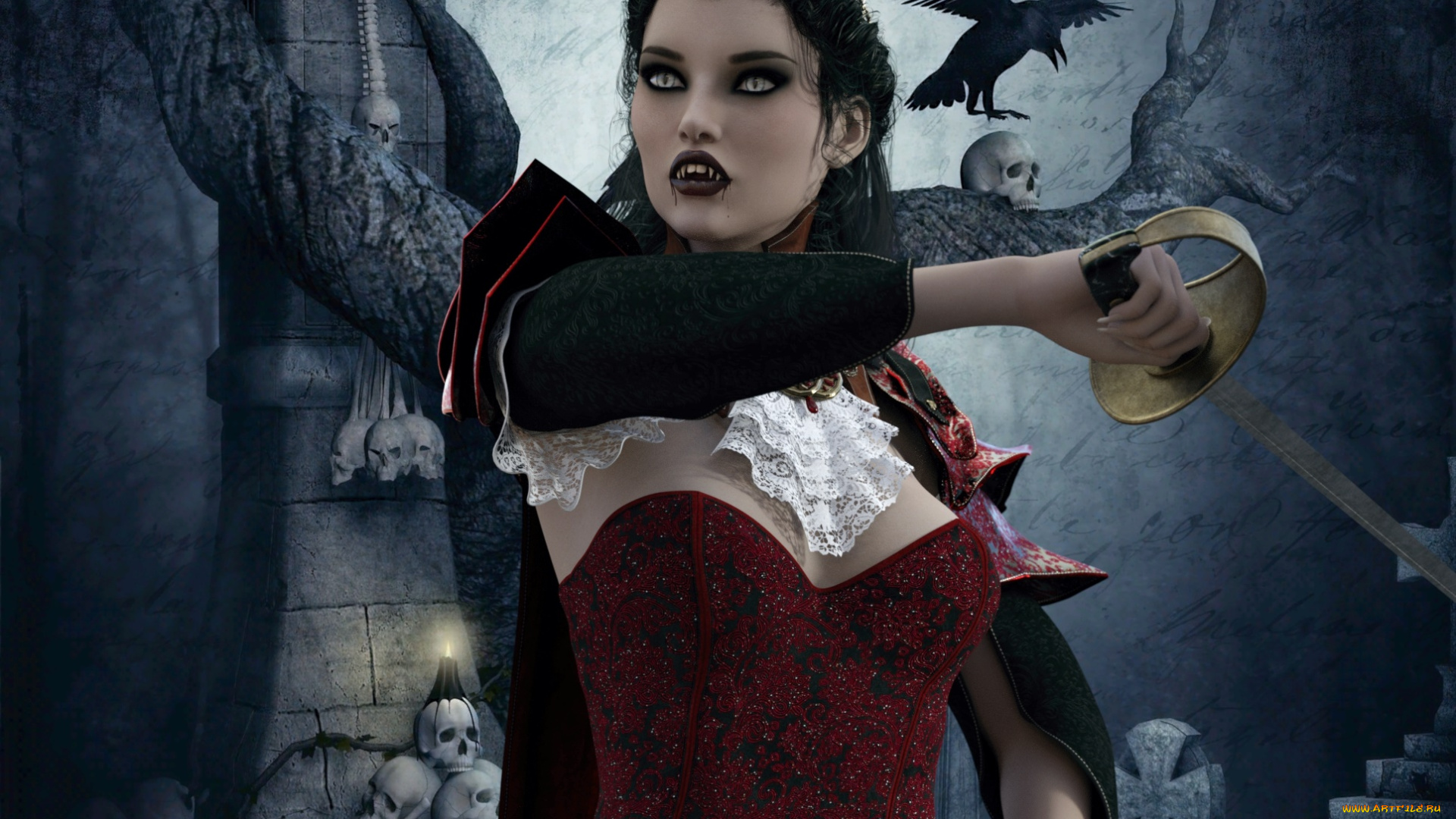 3д, графика, ужас, , horror, вампир, фон, взгляд, девушка