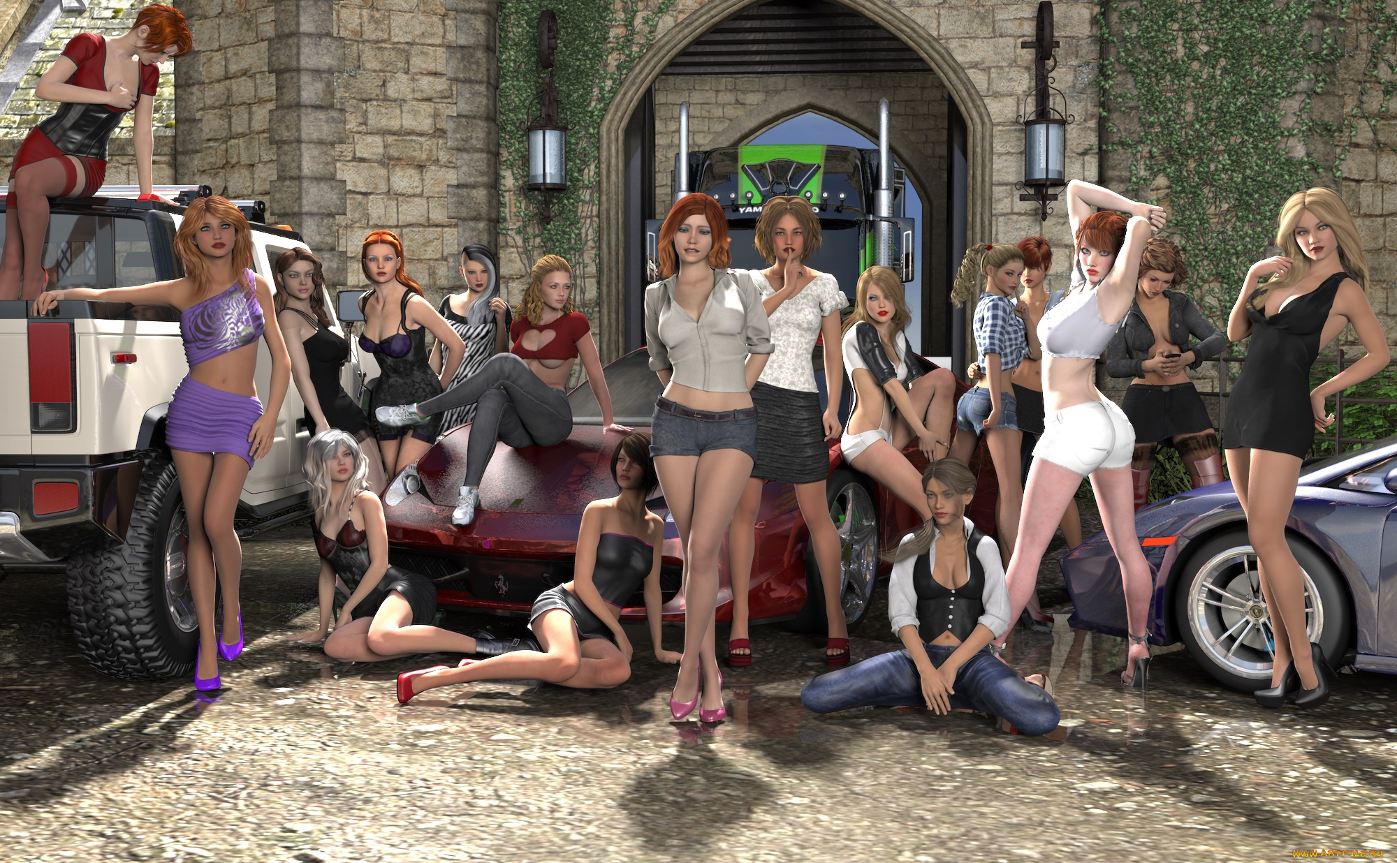 3д, графика, люди-авто, мото, , people-, car, , , moto, автомобили, фон, взгляд, девушки