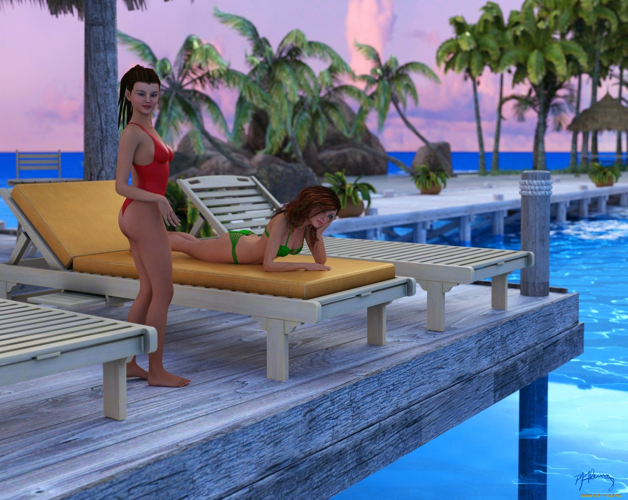 3д, графика, люди, , people, девушки, взгляд, фон, шезлонг, бассейн