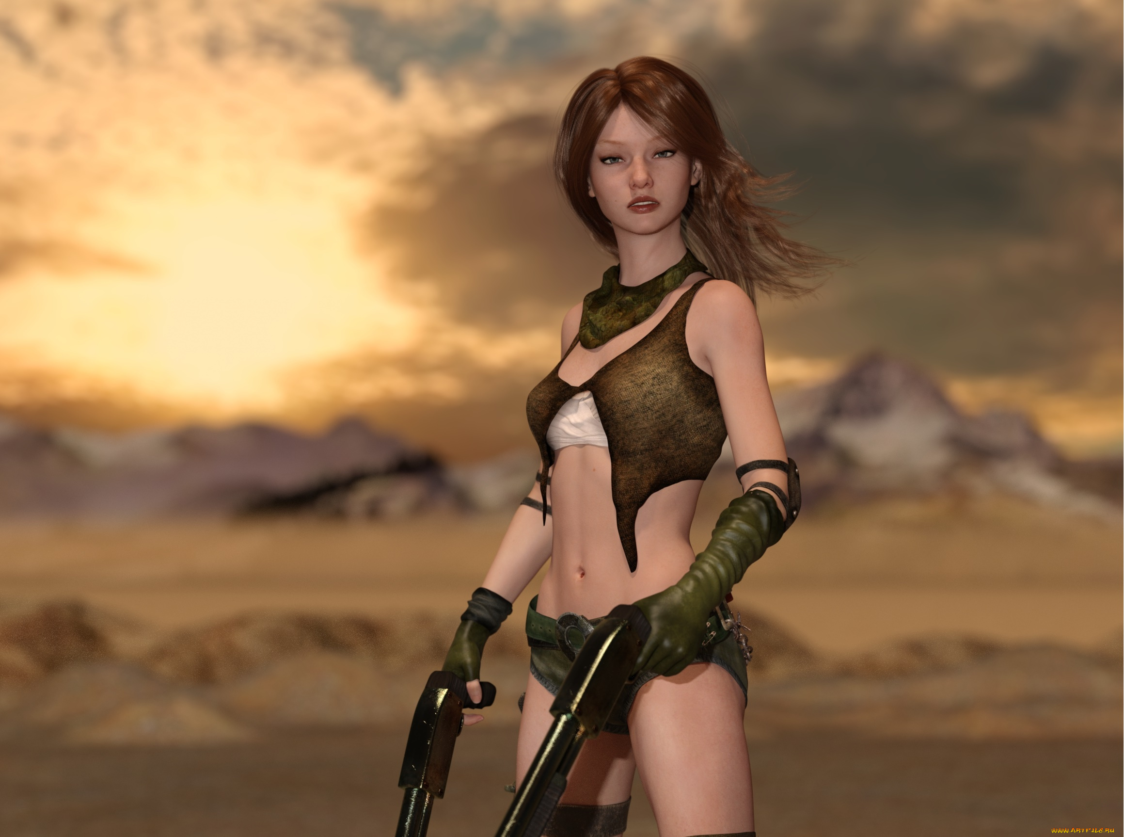 3д, графика, фантазия, , fantasy, оружие, фон, взгляд, девушка