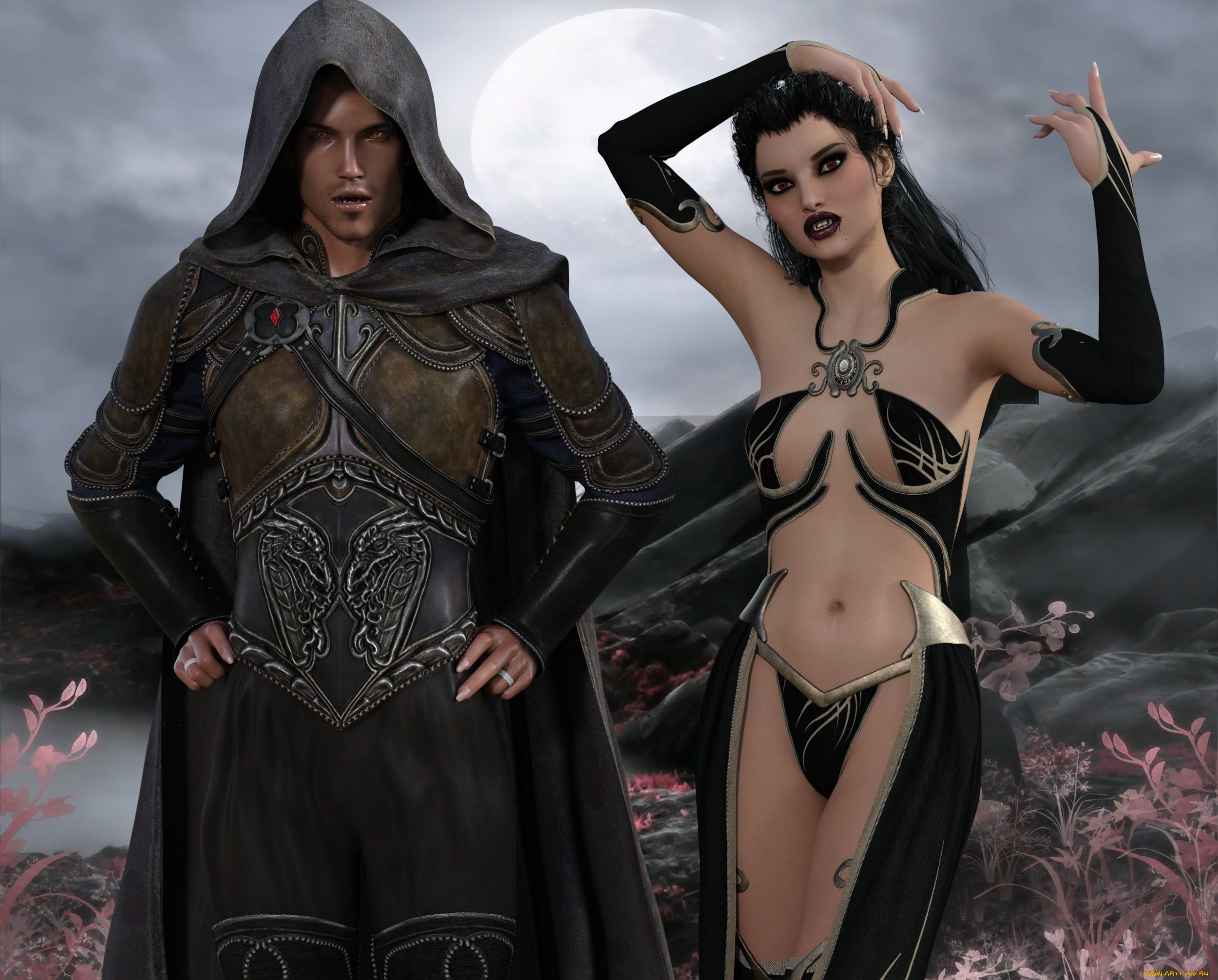 3д, графика, существа, , creatures, взгляд, девушка, вампир, фон