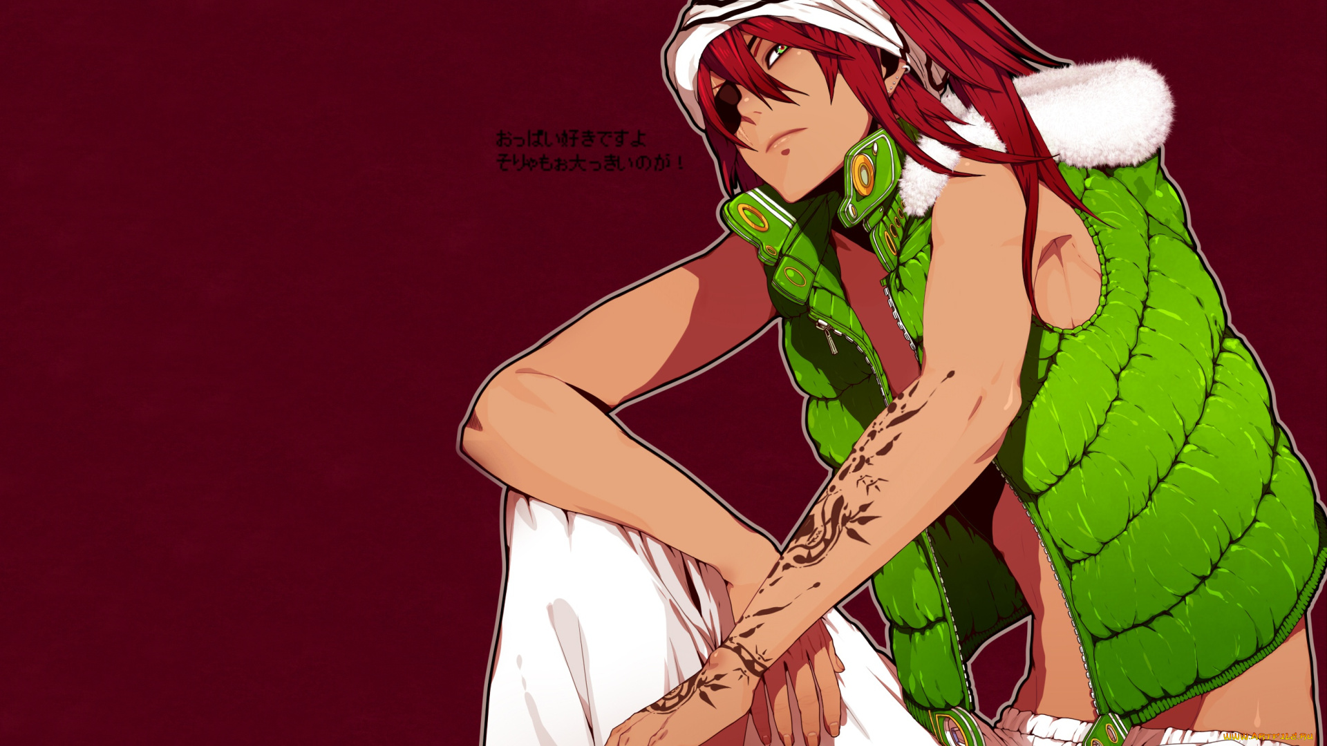 аниме, , gray-man, бандана, сидит, nayu, парень, рыжий, повязка, на, глаз, lavi, art, мех, жилет