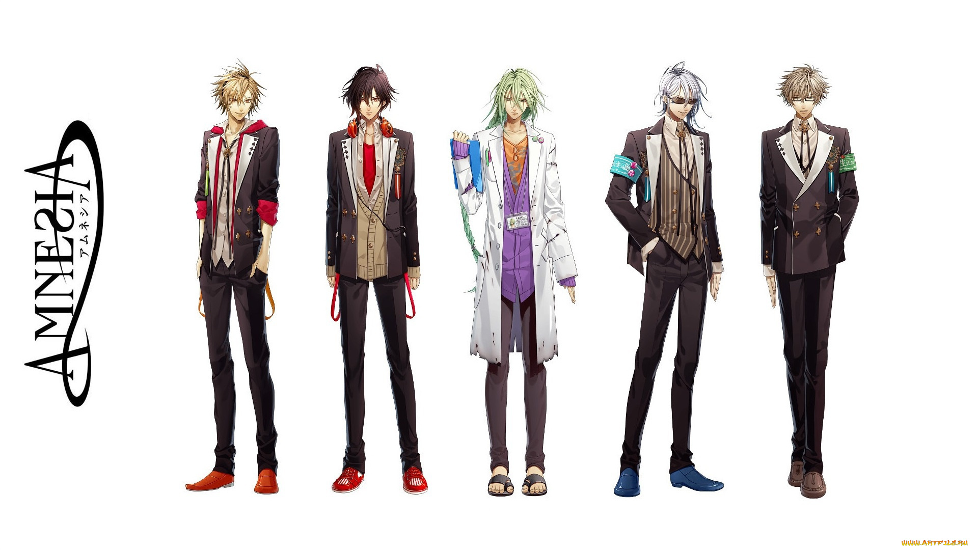 аниме, amnesia, костюм, toma, белый, фон, kent, очки, зеленые, волосы, hanamura, mai, ikki, ukyo, art, парни, shin