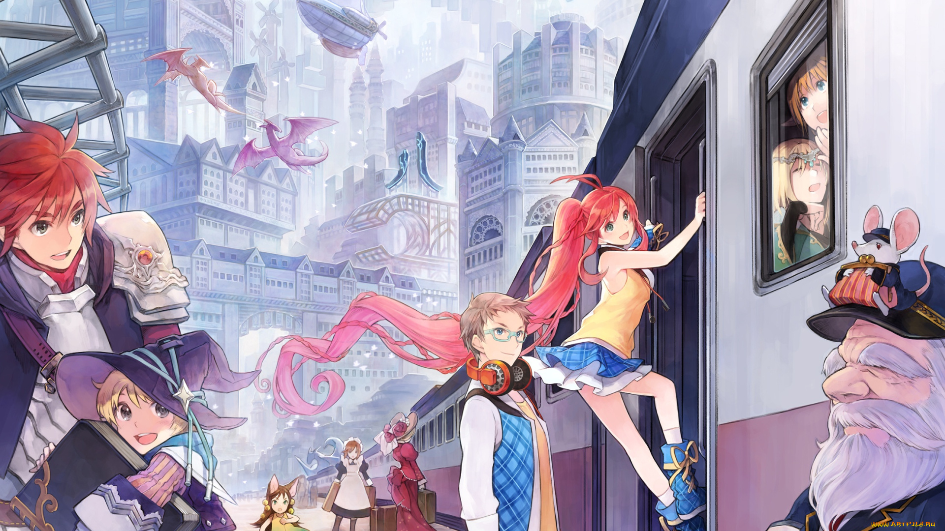 аниме, город, , улицы, , здания, шляпа, ведьмы, книга, art, старик, школьники, чемоданы, длинные, волосы, мышонок, вагон, дома, вокзал, дама, драконы, наушники, башни, рыцарь, дирижабль, russel, yumeriku, горничная, сказка