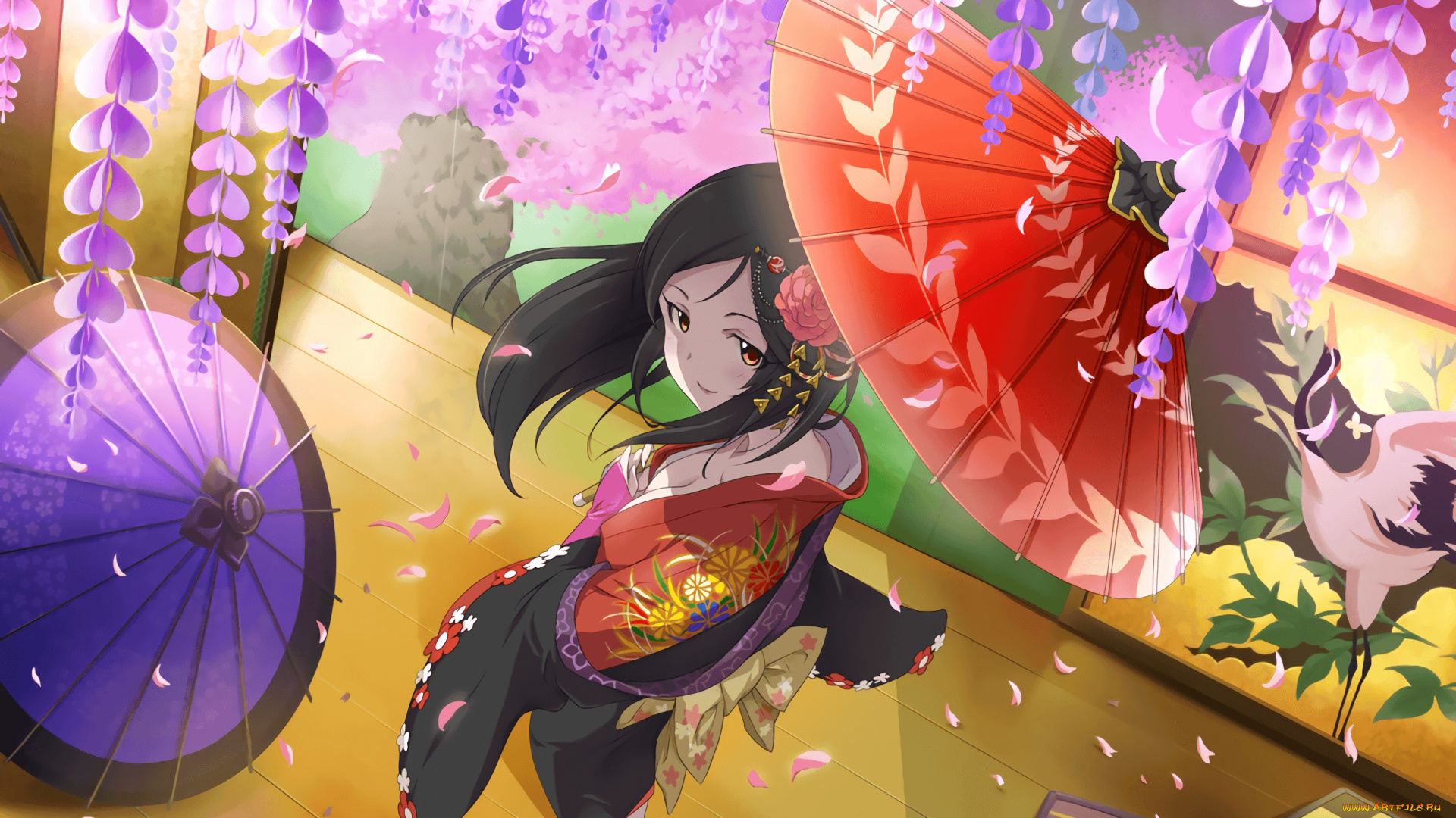 аниме, idolm@ster, кимоно, журавль, глициния, сакура, idolmaster, momoi, satsuki