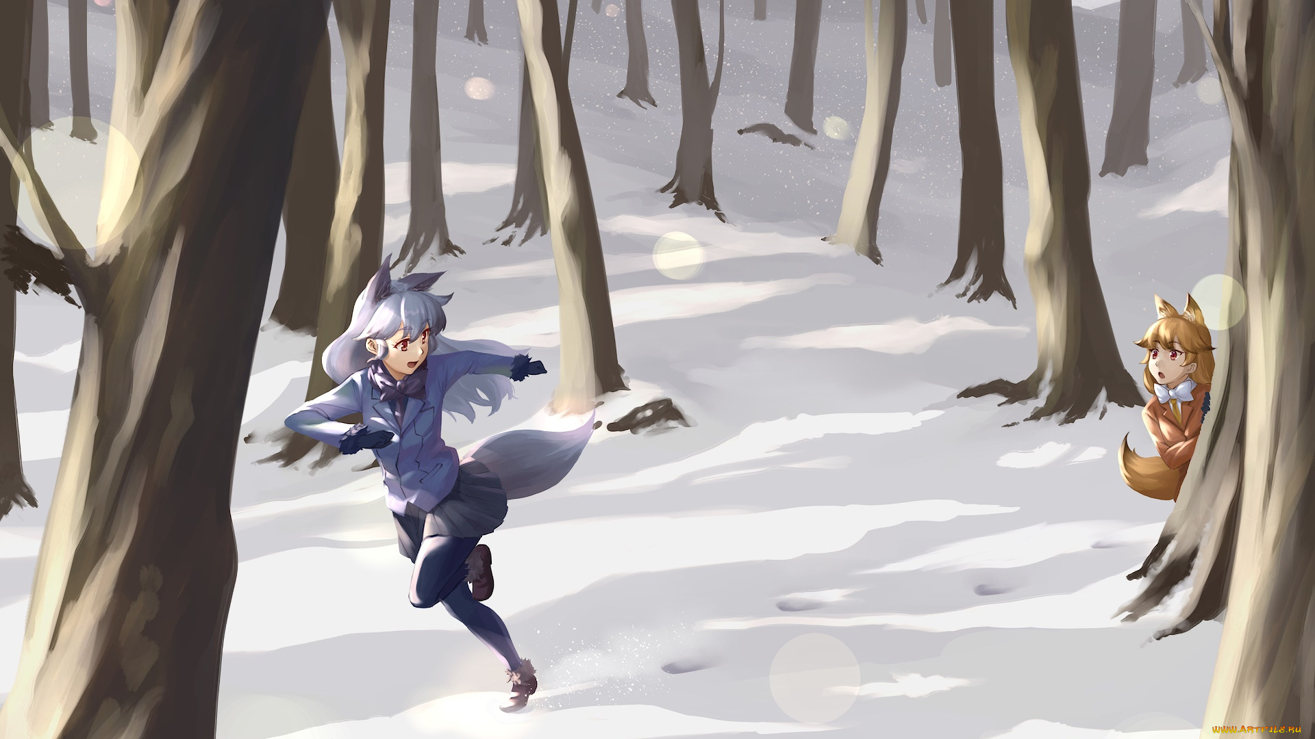 аниме, kemono, friends, лес, взгляд, фон, девушка