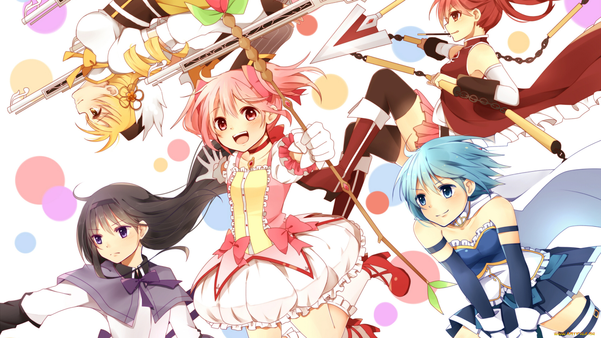 аниме, mahou, shoujo, madoka, magika, девушки, взгляд, фон