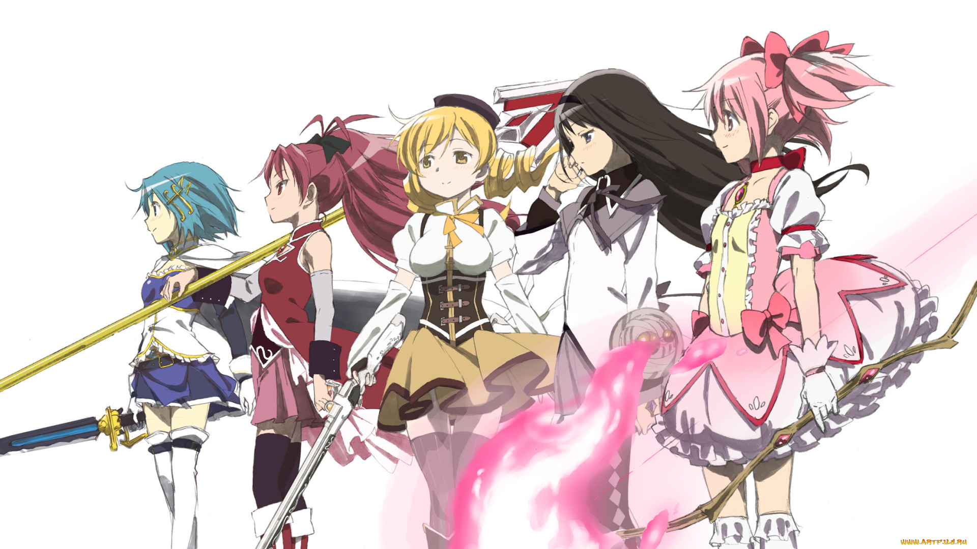 аниме, mahou, shoujo, madoka, magika, девушки, взгляд, фон