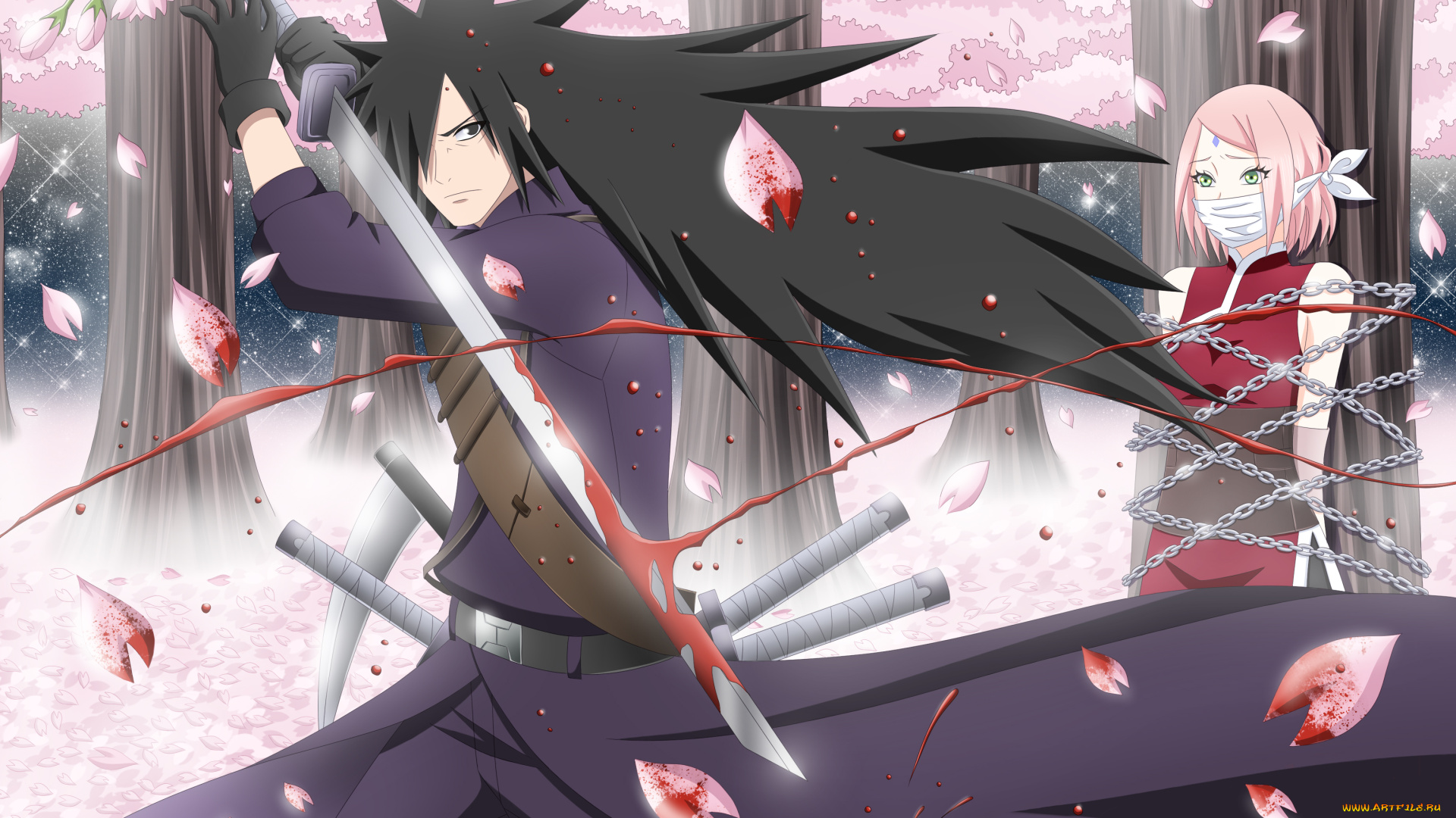 аниме, naruto, мадара, кровь, меч, лепестки, учиха, сакура