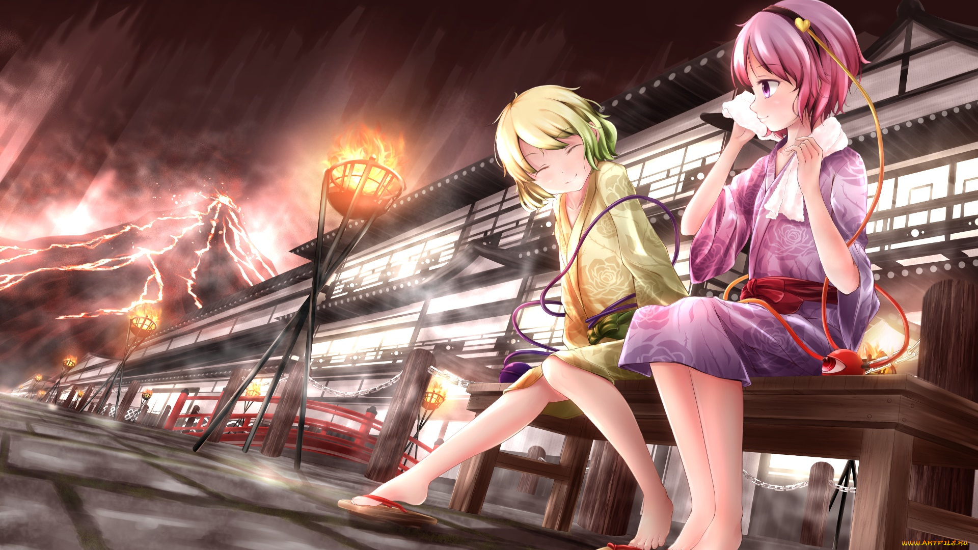 аниме, touhou, девушки, взгляд, фон