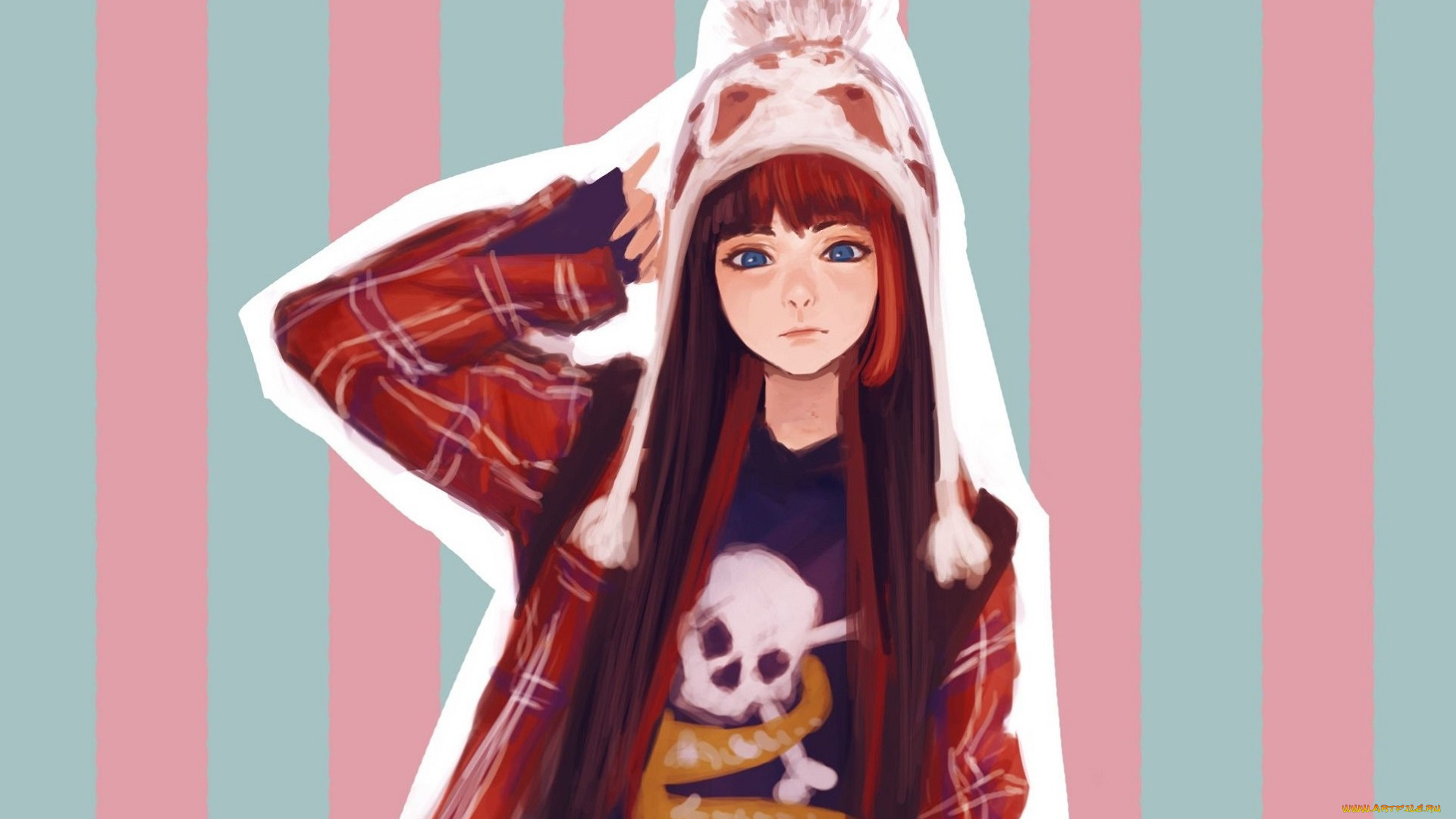 аниме, unknown, , другое, длинные, волосы, вязанная, голубые, глаза, куртка, рыжая, шапка, полоска, помпон, череп