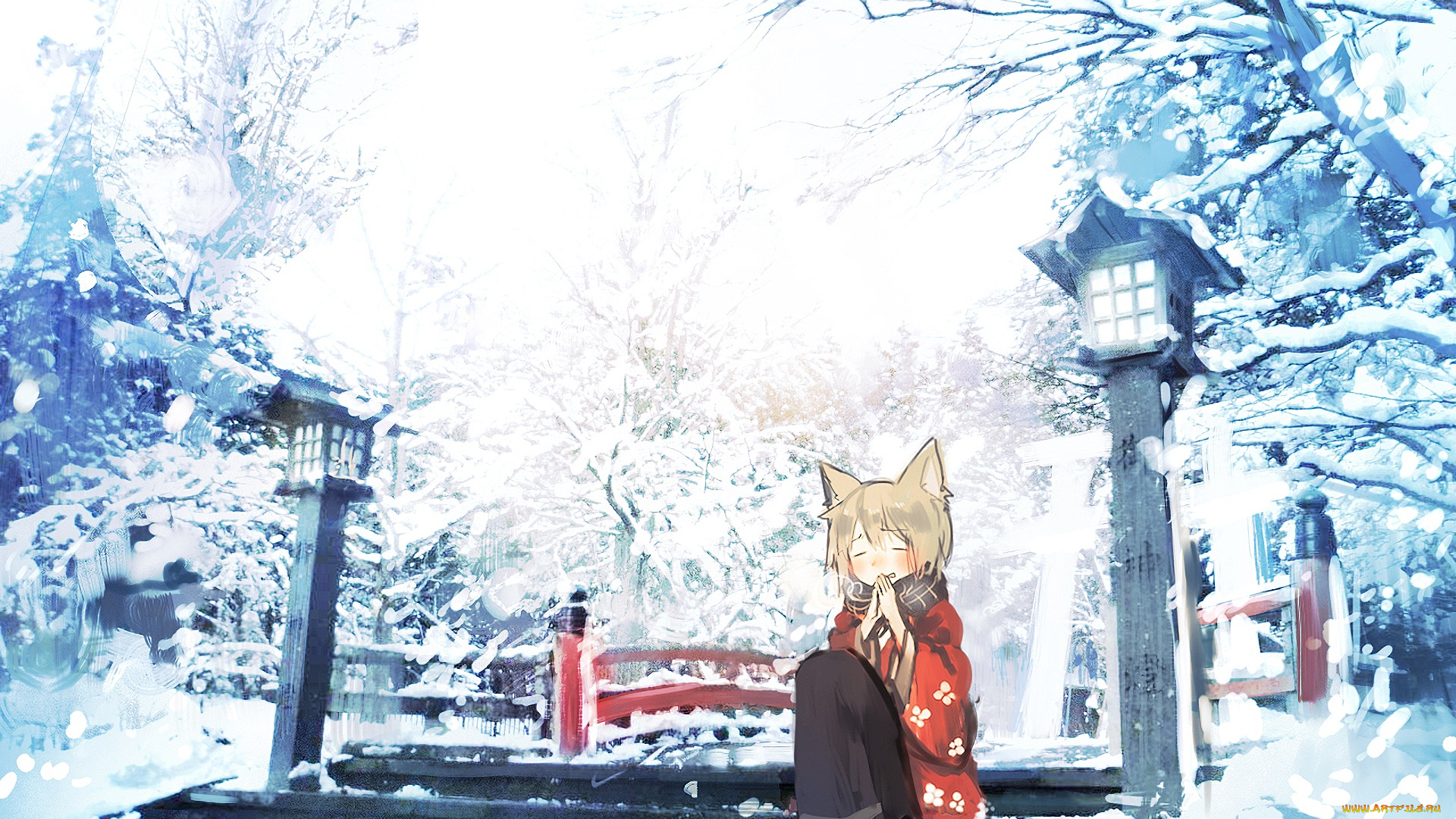 аниме, зима, , новый, год, , рождество, фон, девушка, взгляд