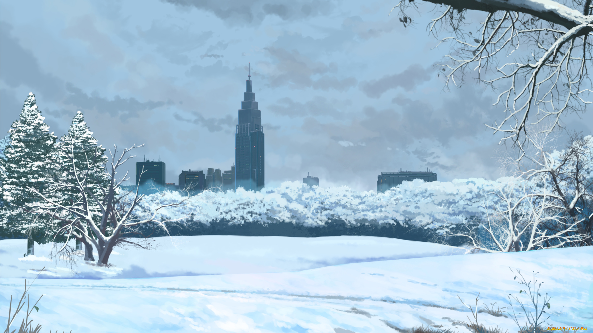 аниме, зима, , новый, год, , рождество, снег, город