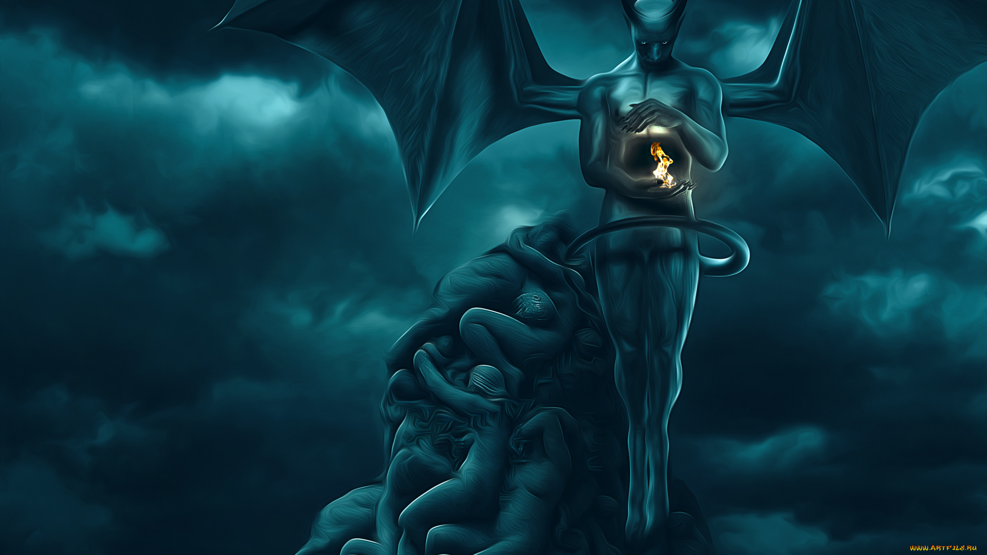 фэнтези, демоны, рога, крылья, существо, огонь, фон