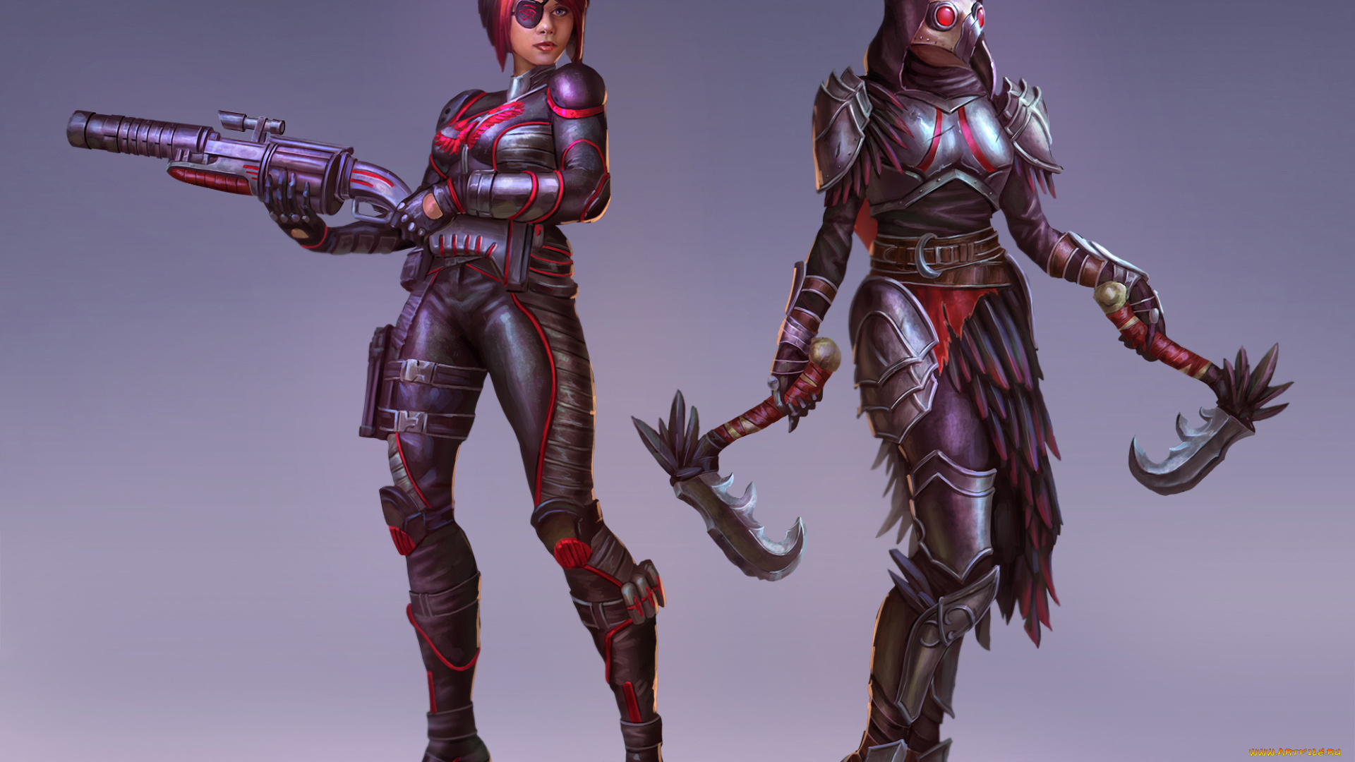 фэнтези, девушки, маска, фон, оружие, взгляд