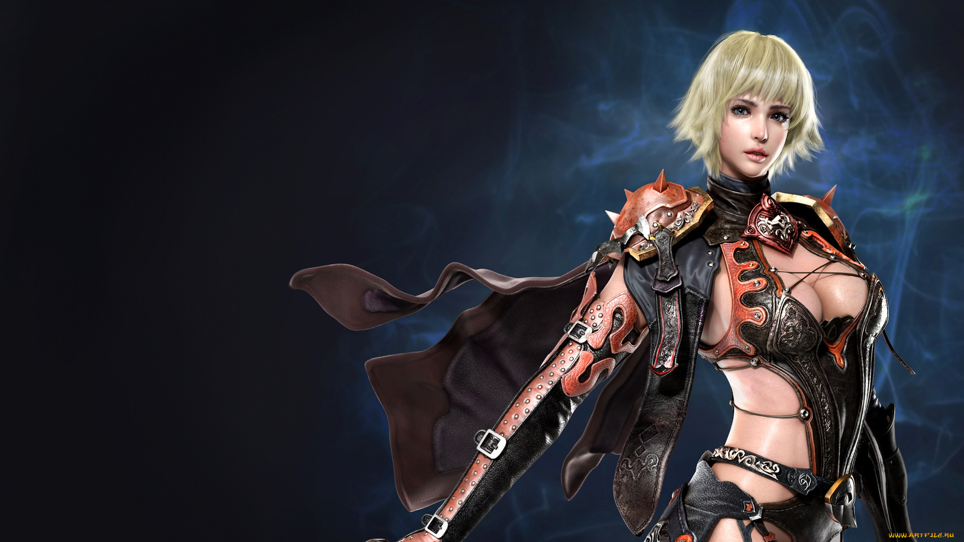 фэнтези, девушки, поза, взгляд, простой, фон, дым, блондинка, доспехи