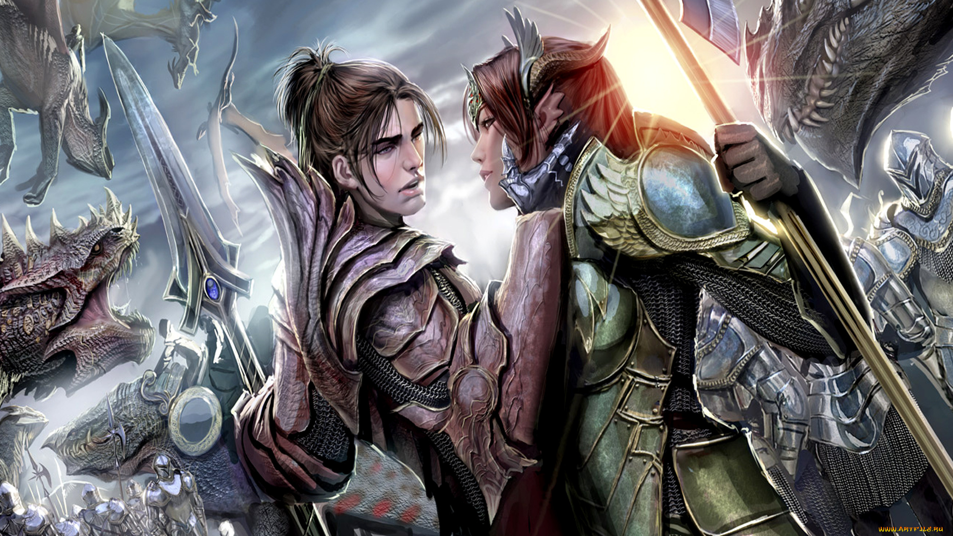 фэнтези, люди, любовь, броня, оружие, бой, девушка, парень
