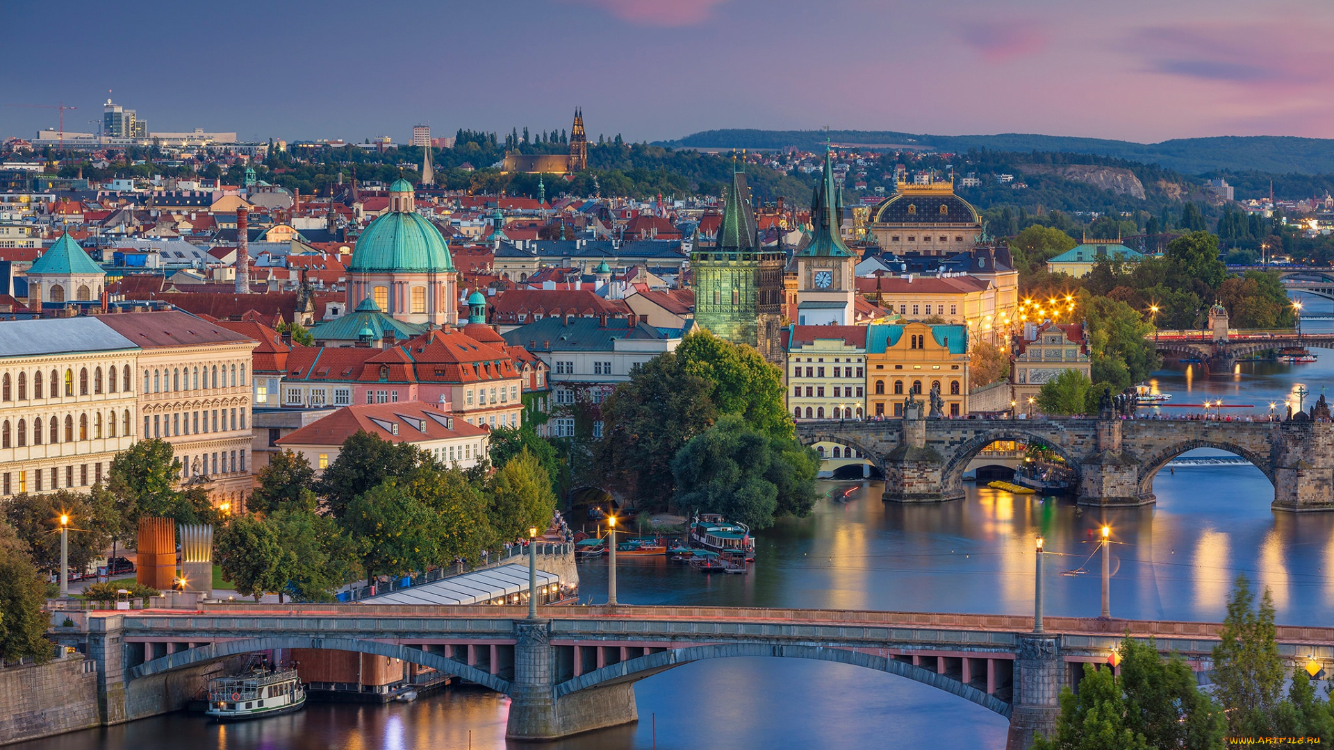 города, прага, , Чехия, мост, река, прага, панорама, влтава