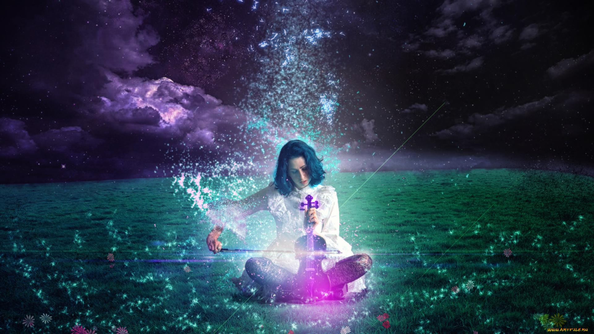 музыка, -, другое, игра, скрипка, фон, небо, девушка, поле