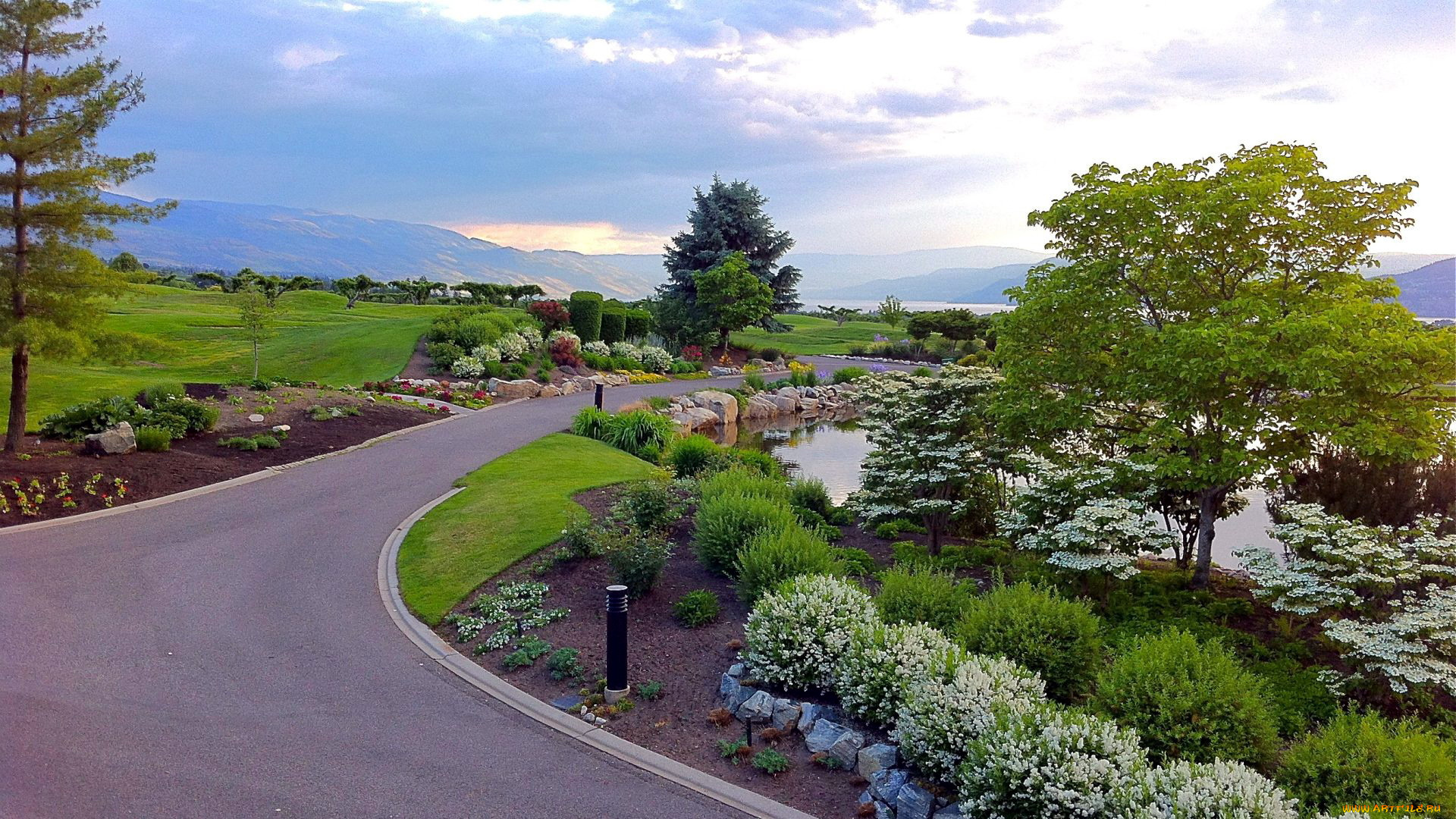 природа, парк, аллея, фонари, цветы