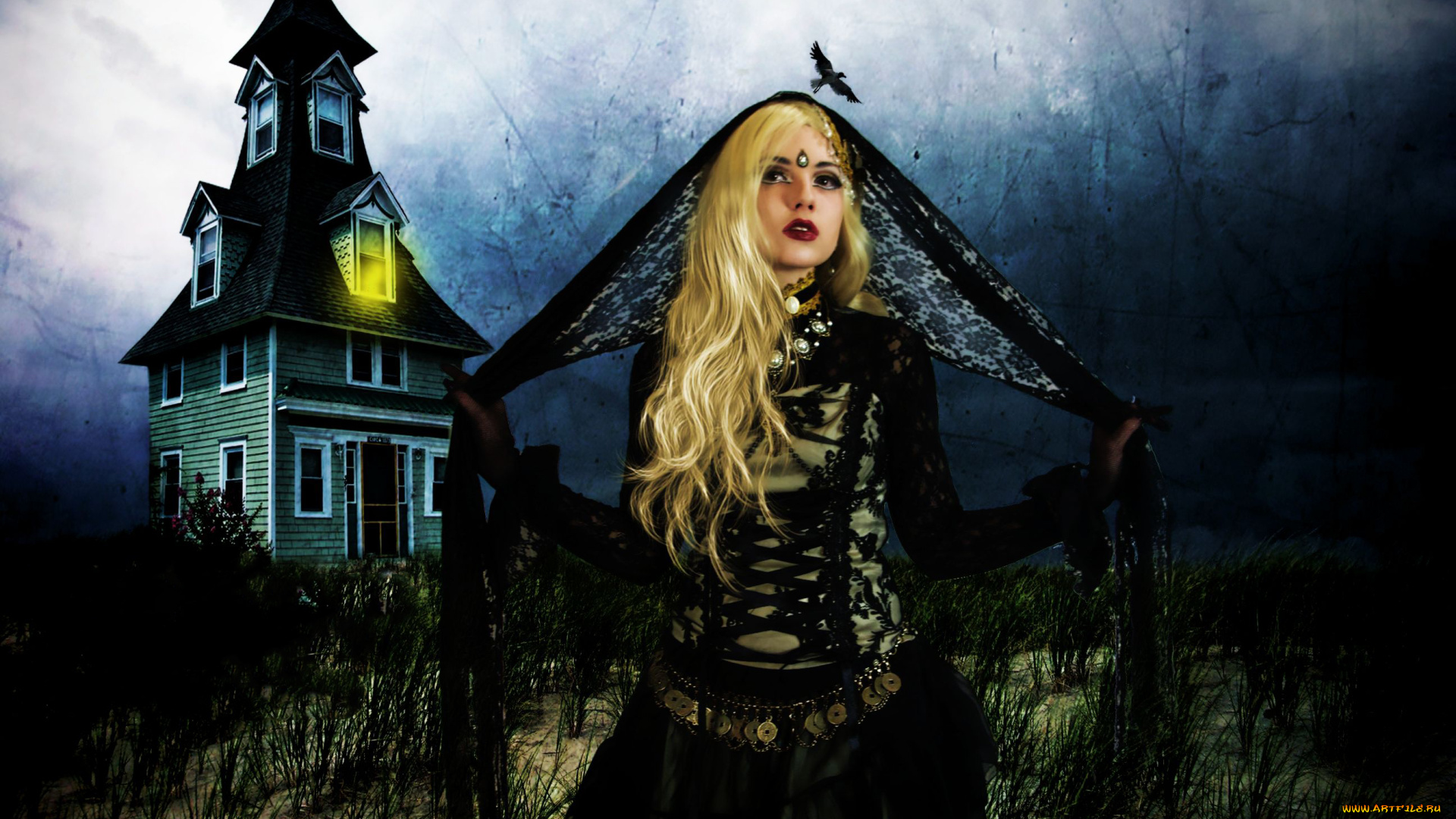 разное, cosplay, , косплей, вуаль, вороны, дом, фон, девушка