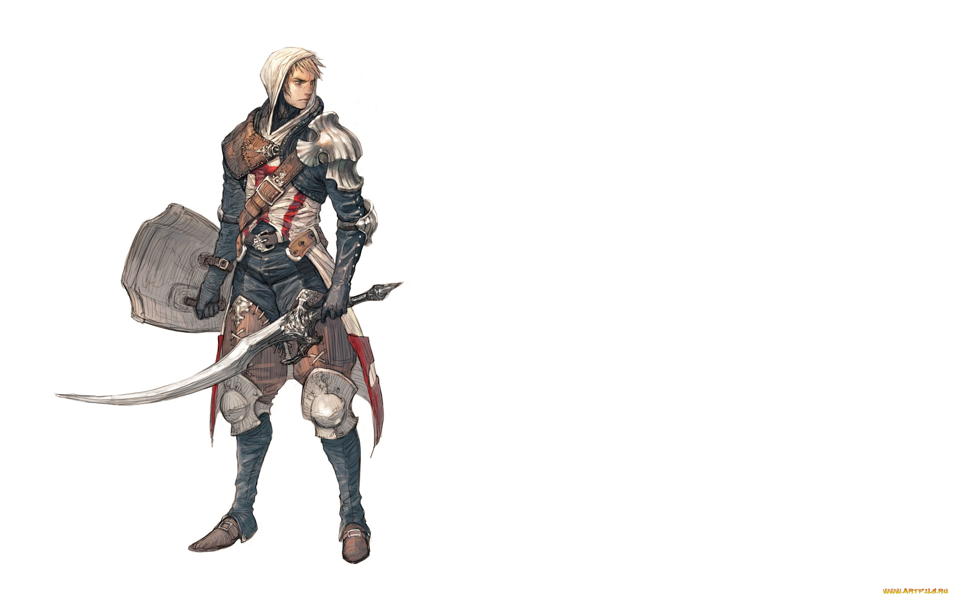 фэнтези, люди, белый, фон, art, капюшон, рыцарь, мужчина, меч, sword, шит