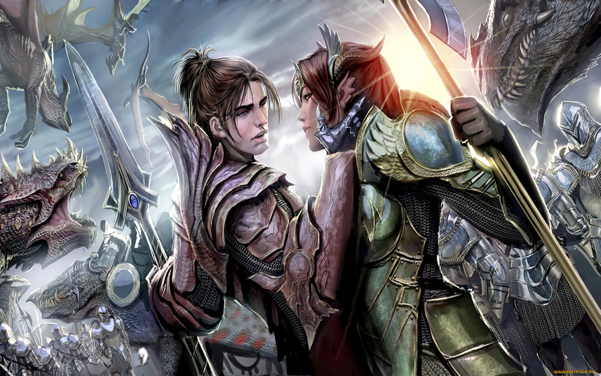 фэнтези, люди, любовь, броня, оружие, бой, девушка, парень