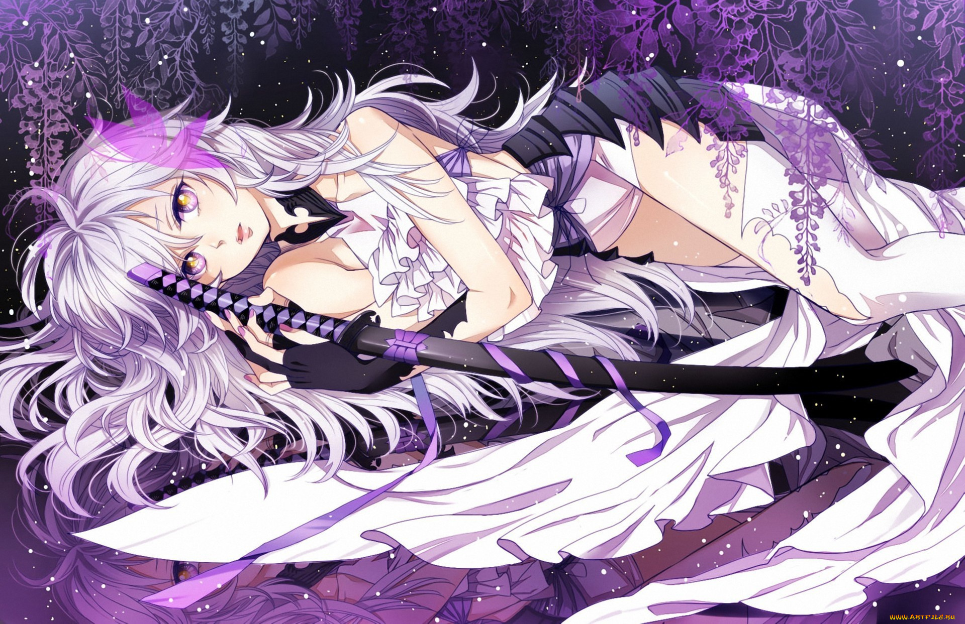 аниме, оружие, , техника, , технологии, лежит, двушка, глициния, катана, длинные, белые, волосы, перчатки, белое, платье