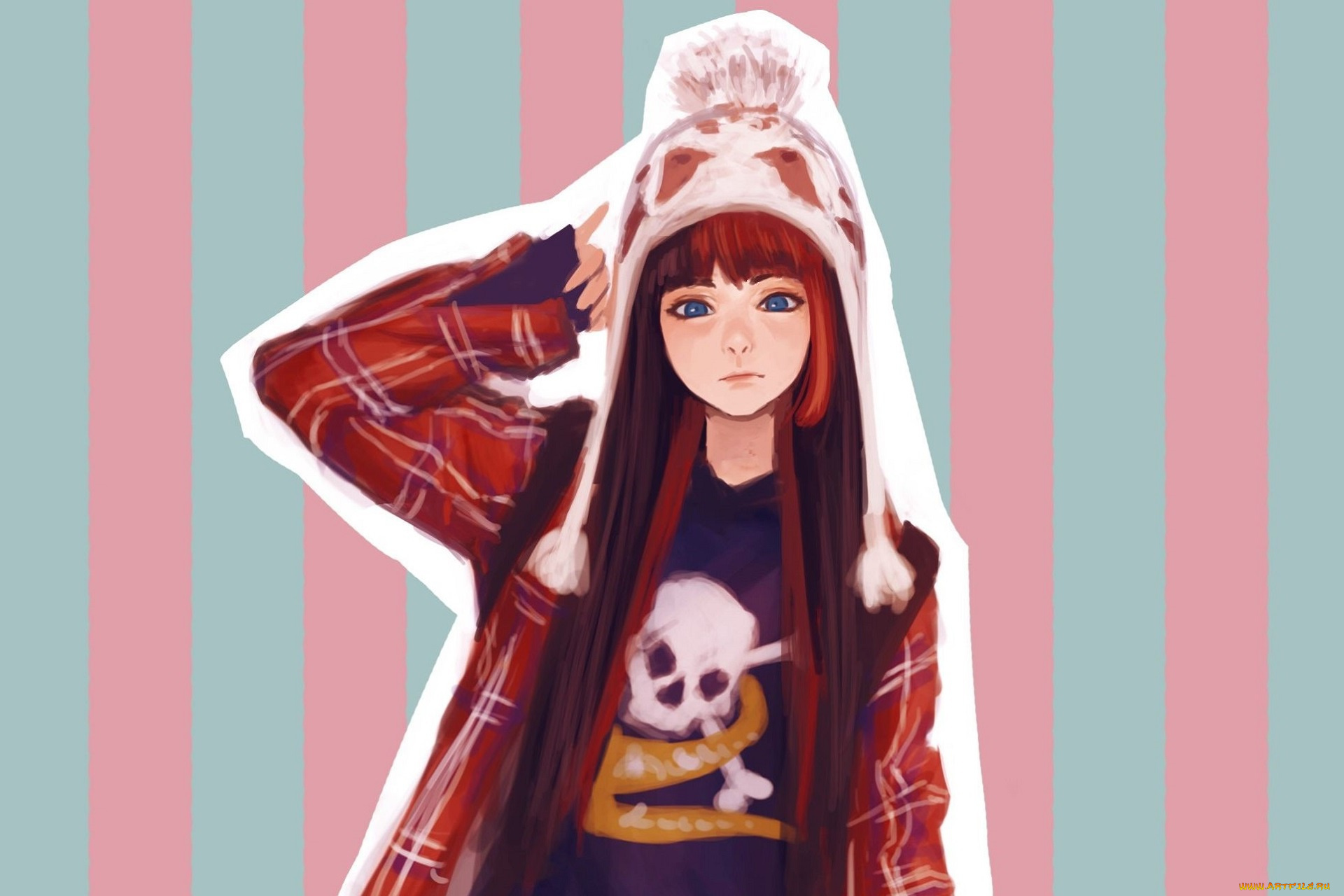 аниме, unknown, , другое, длинные, волосы, вязанная, голубые, глаза, куртка, рыжая, шапка, полоска, помпон, череп