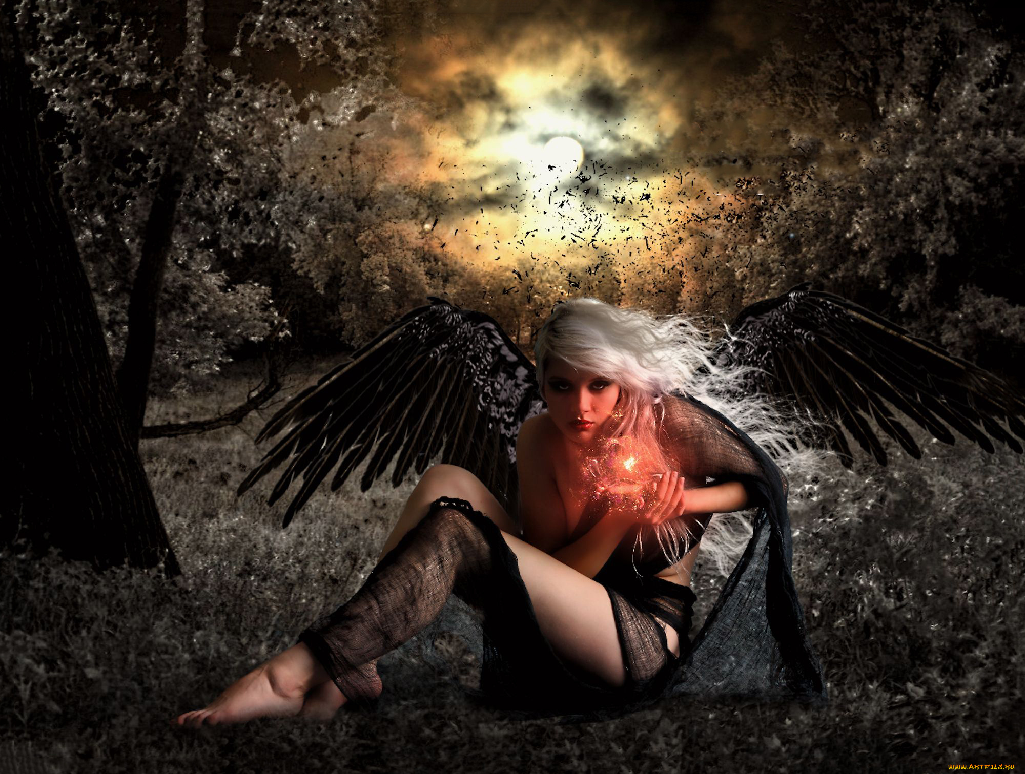 фэнтези, фотоарт, девушка, взгляд, фон, крылья