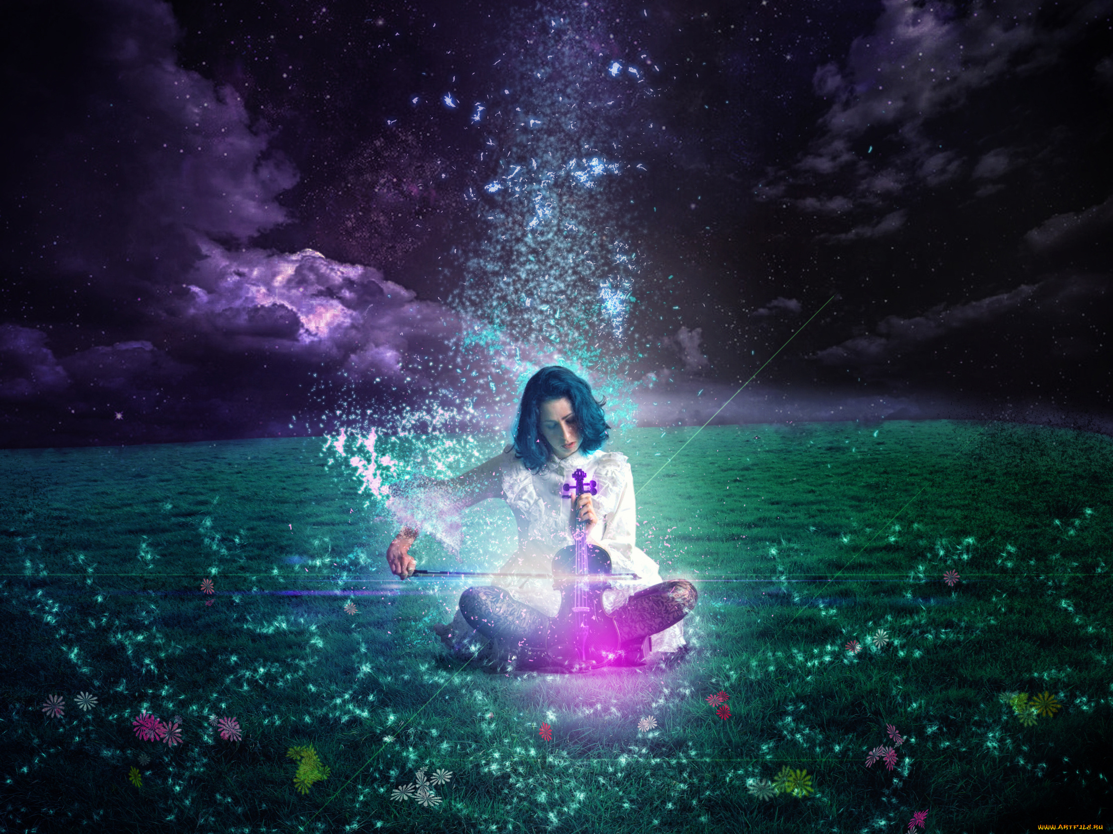 музыка, -, другое, игра, скрипка, фон, небо, девушка, поле