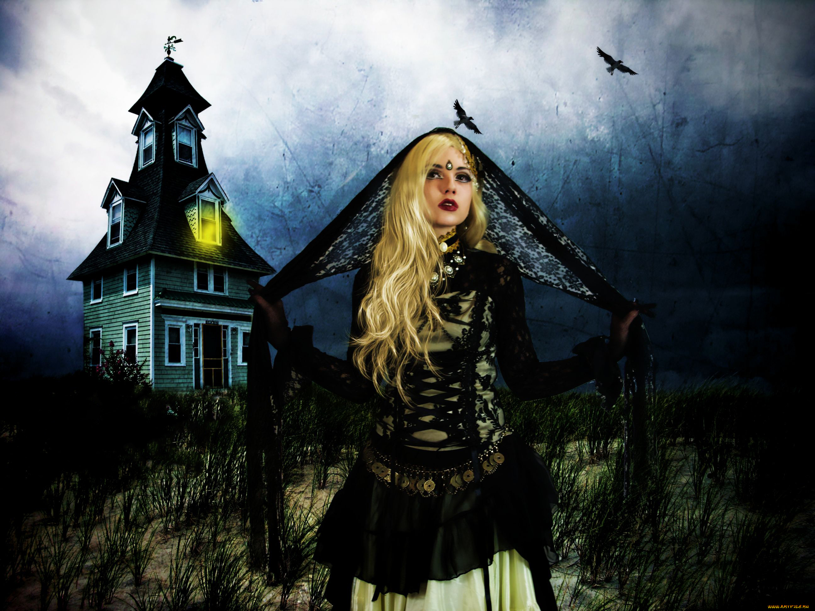 разное, cosplay, , косплей, вуаль, вороны, дом, фон, девушка