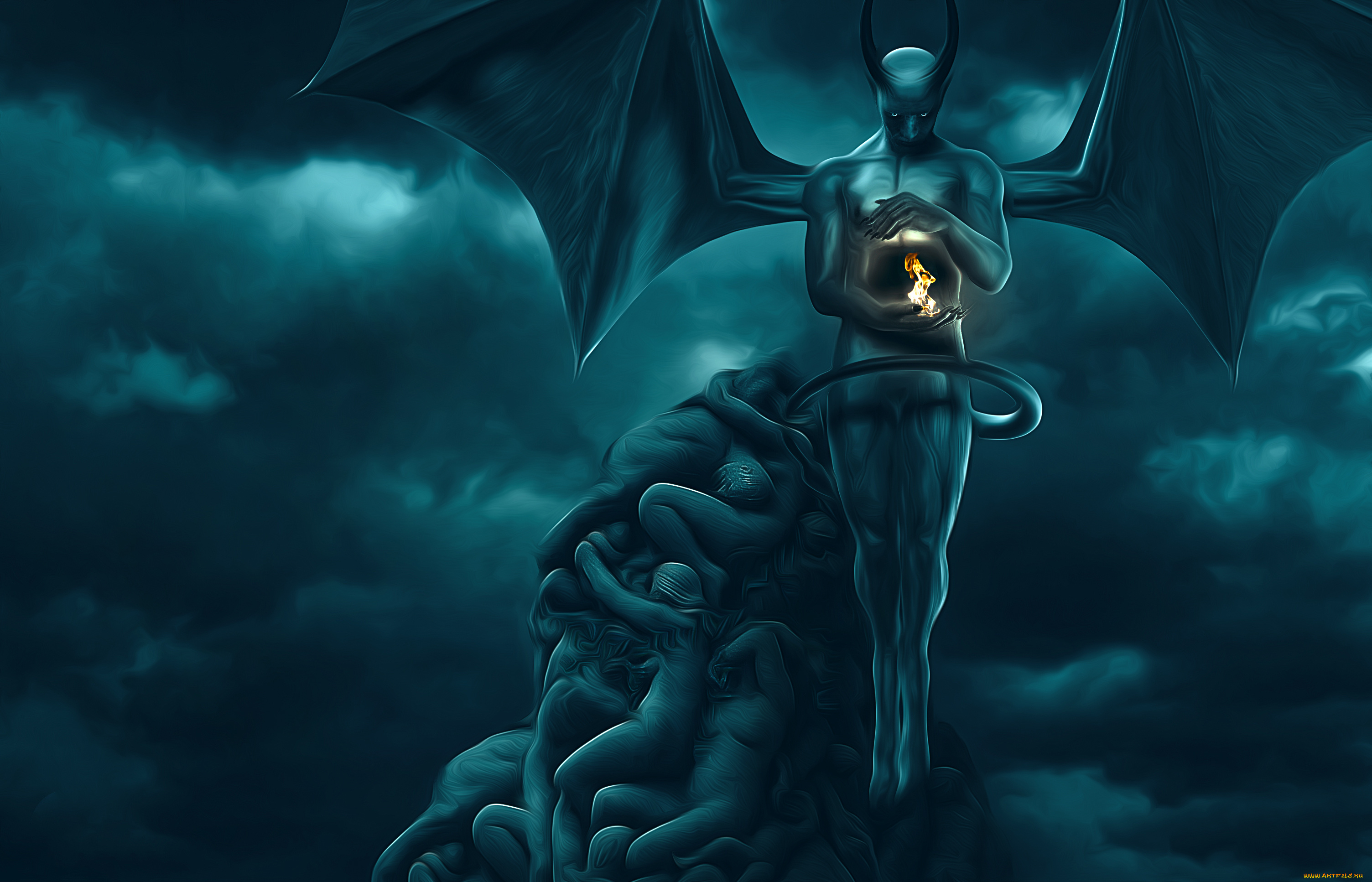 фэнтези, демоны, рога, крылья, существо, огонь, фон