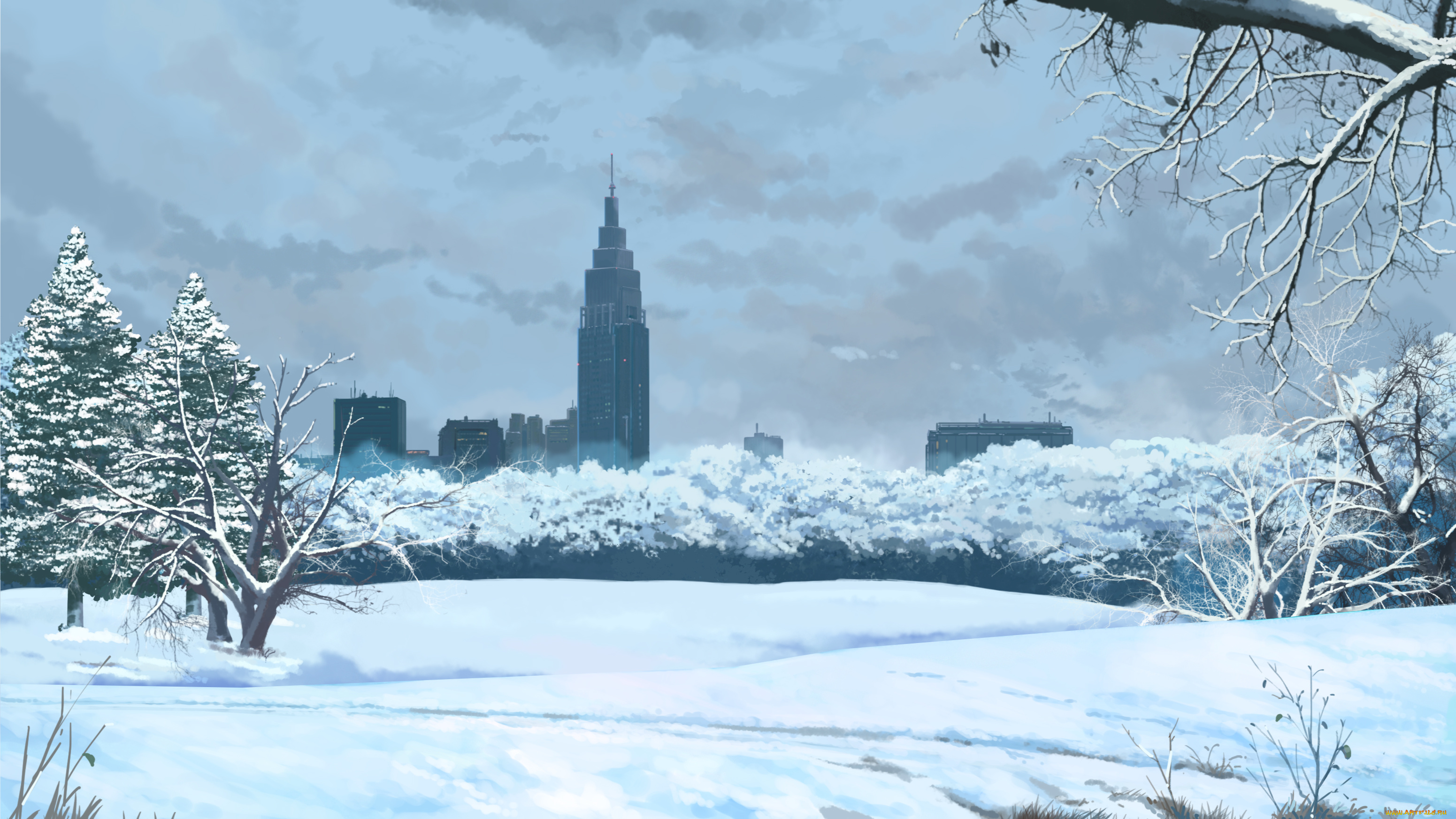 аниме, зима, , новый, год, , рождество, снег, город