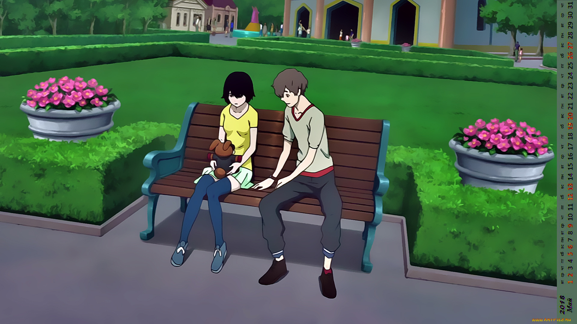 календари, аниме, девушка, юноша, игрушка, скамейка, улица