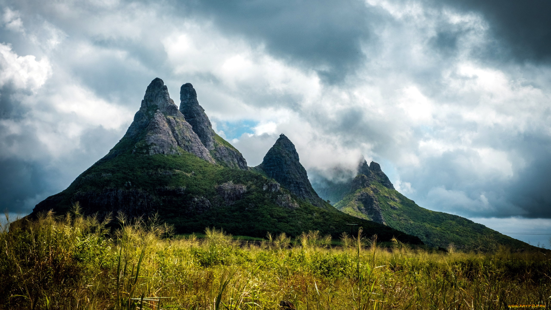 природа, горы, облака, трава