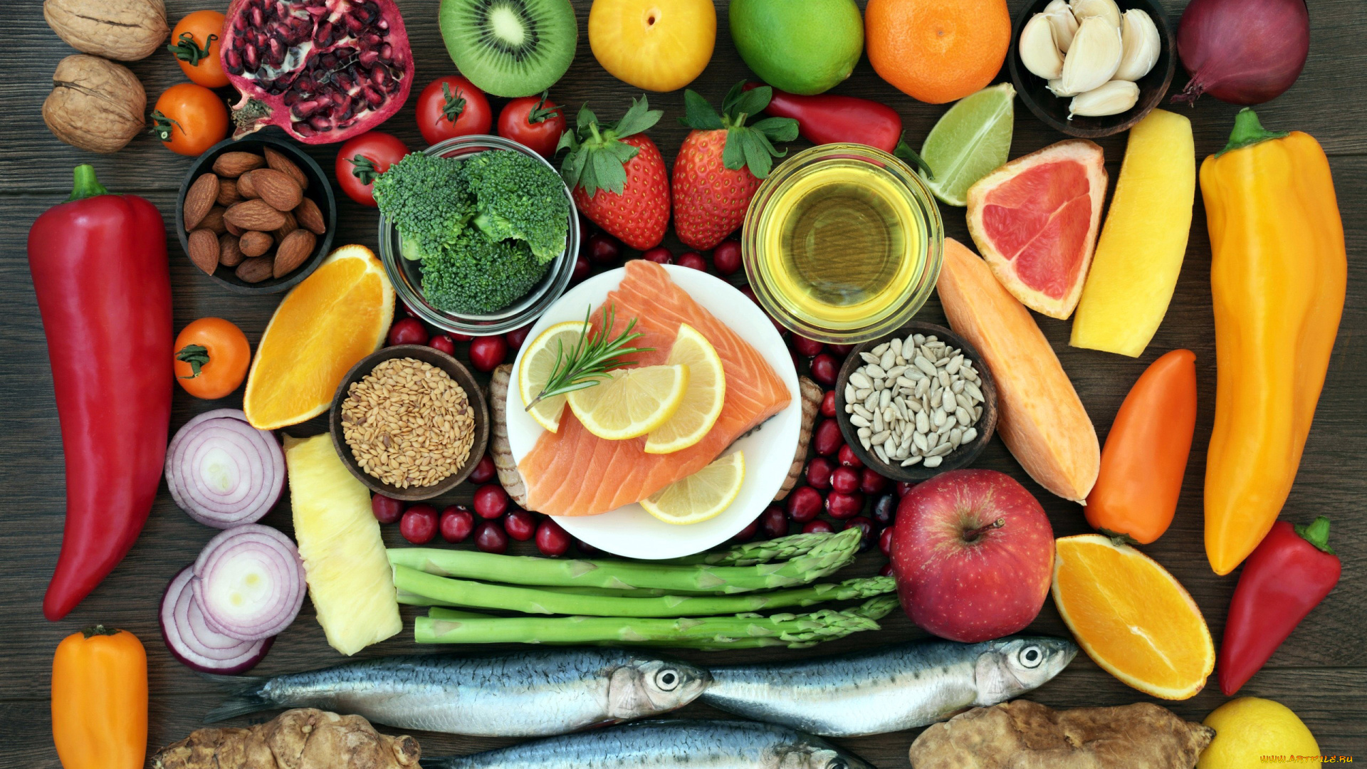 еда, разное, ягоды, овощи, фрукты, орехи, рыба