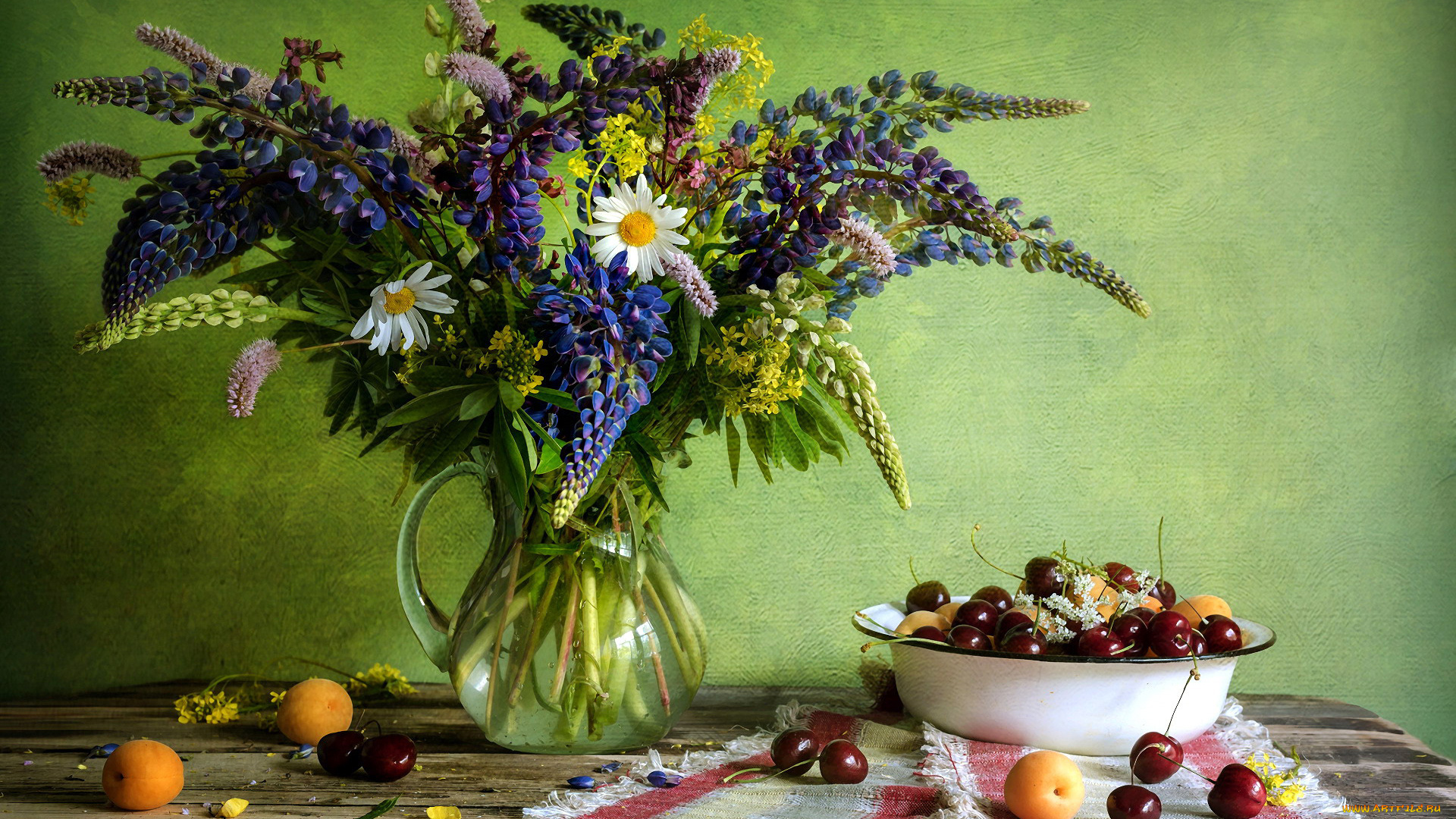 еда, фрукты, , ягоды, букет, люпин, абрикосы, вишни