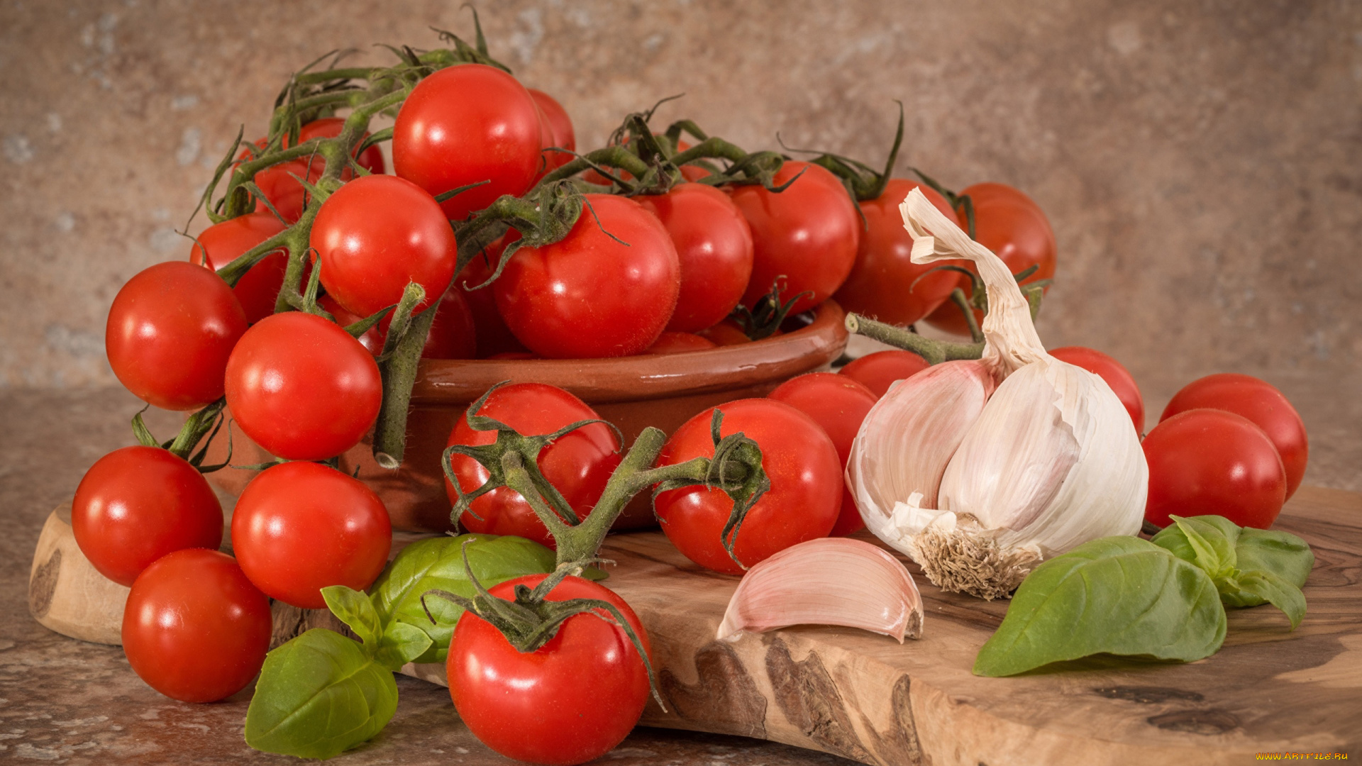 еда, помидоры, базилик, чеснок